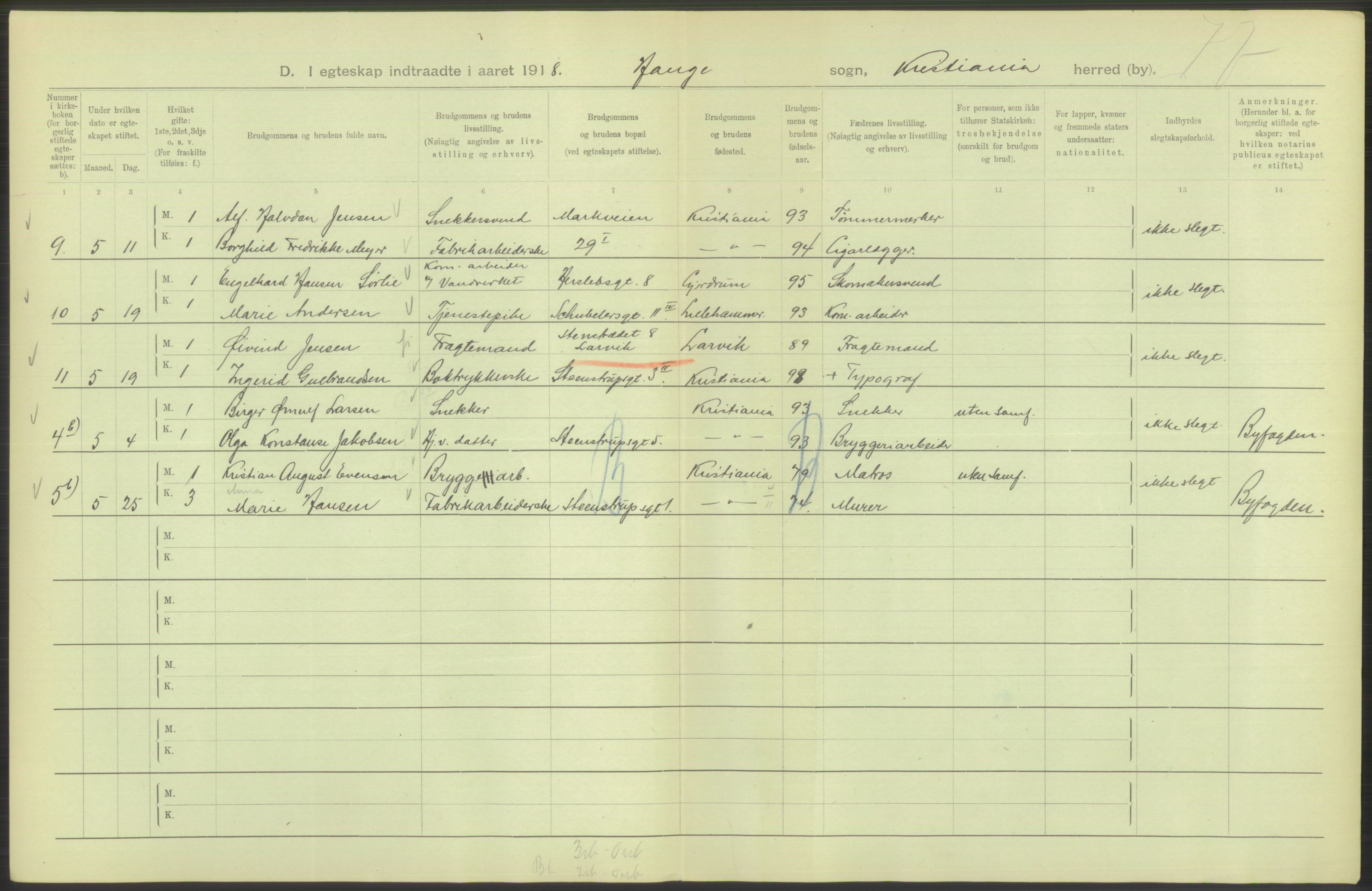 Statistisk sentralbyrå, Sosiodemografiske emner, Befolkning, RA/S-2228/D/Df/Dfb/Dfbh/L0009: Kristiania: Gifte, 1918, s. 562