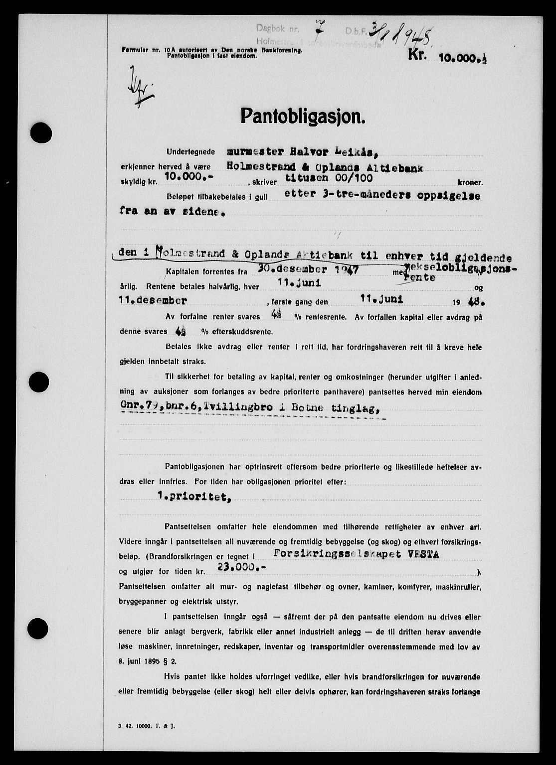 Holmestrand sorenskriveri, SAKO/A-67/G/Ga/Gab/L0058: Pantebok nr. B-58, 1947-1948, Dagboknr: 7/1948