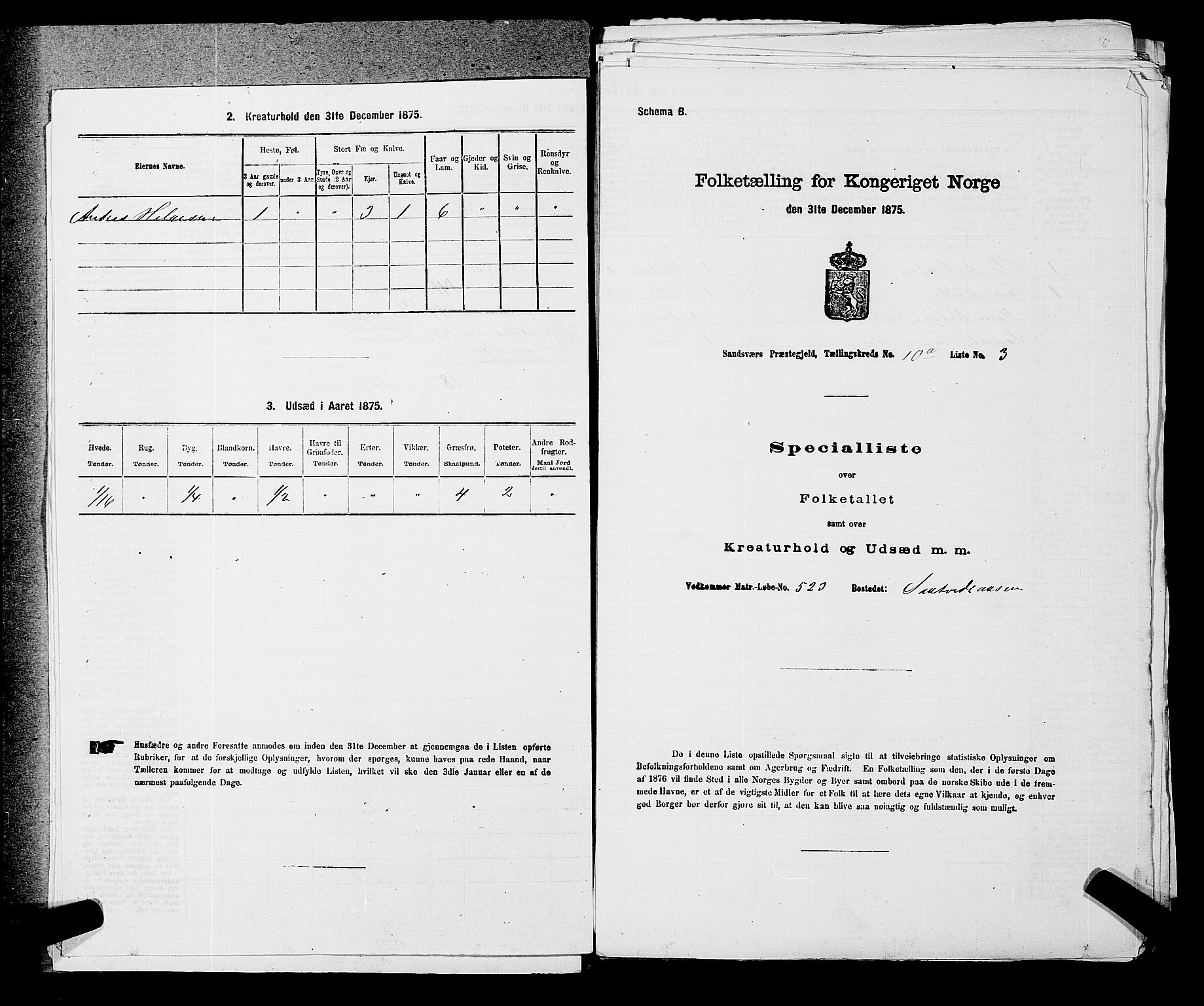 SAKO, Folketelling 1875 for 0629P Sandsvær prestegjeld, 1875, s. 1579