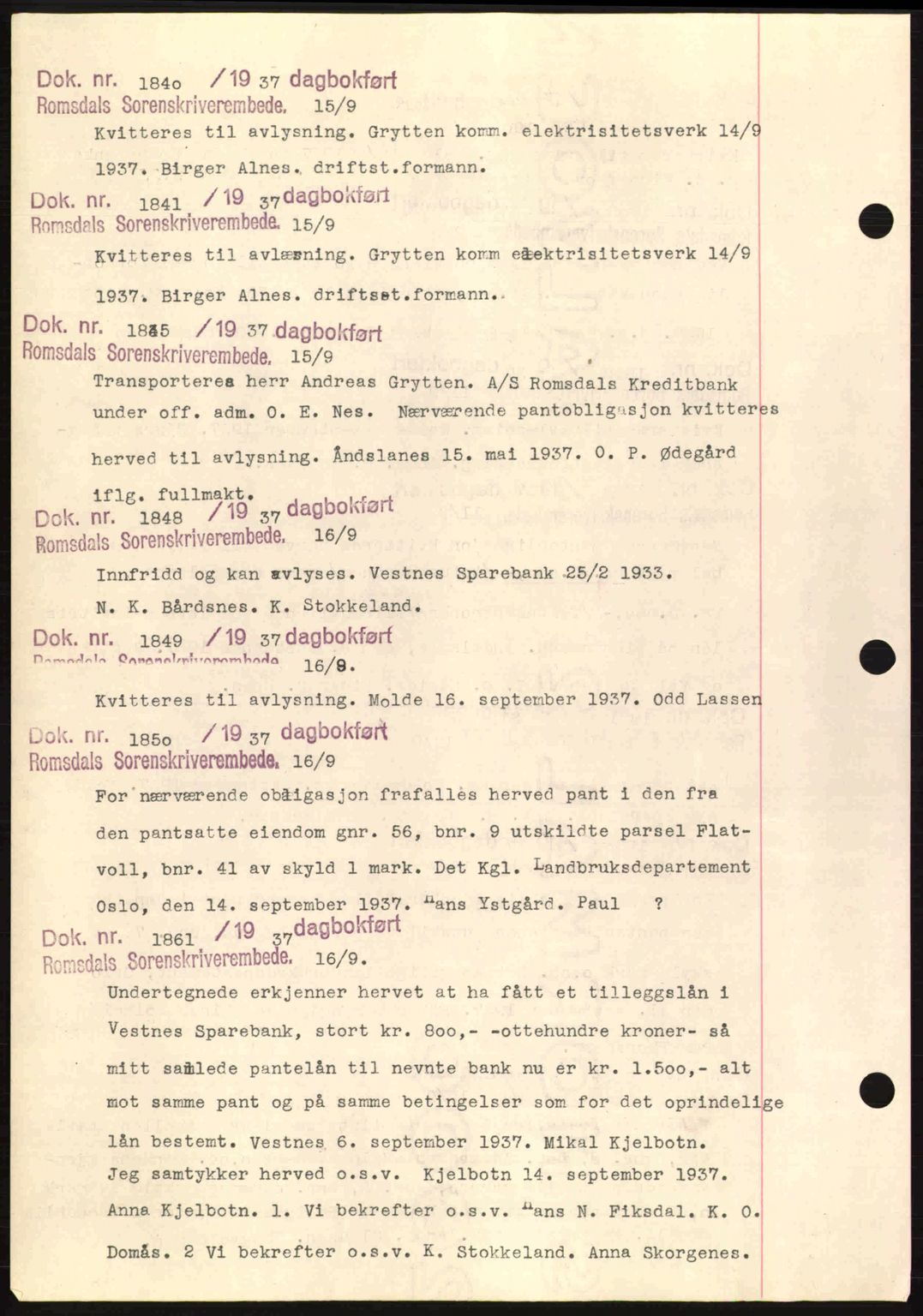 Romsdal sorenskriveri, AV/SAT-A-4149/1/2/2C: Pantebok nr. C1a, 1936-1945, Dagboknr: 1840/1937