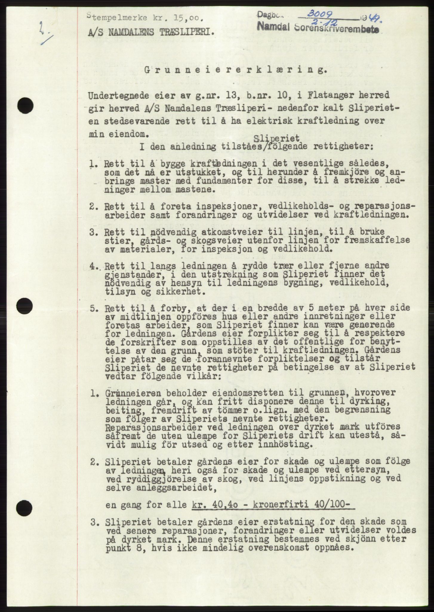 Namdal sorenskriveri, SAT/A-4133/1/2/2C: Pantebok nr. -, 1949-1949, Dagboknr: 3009/1949