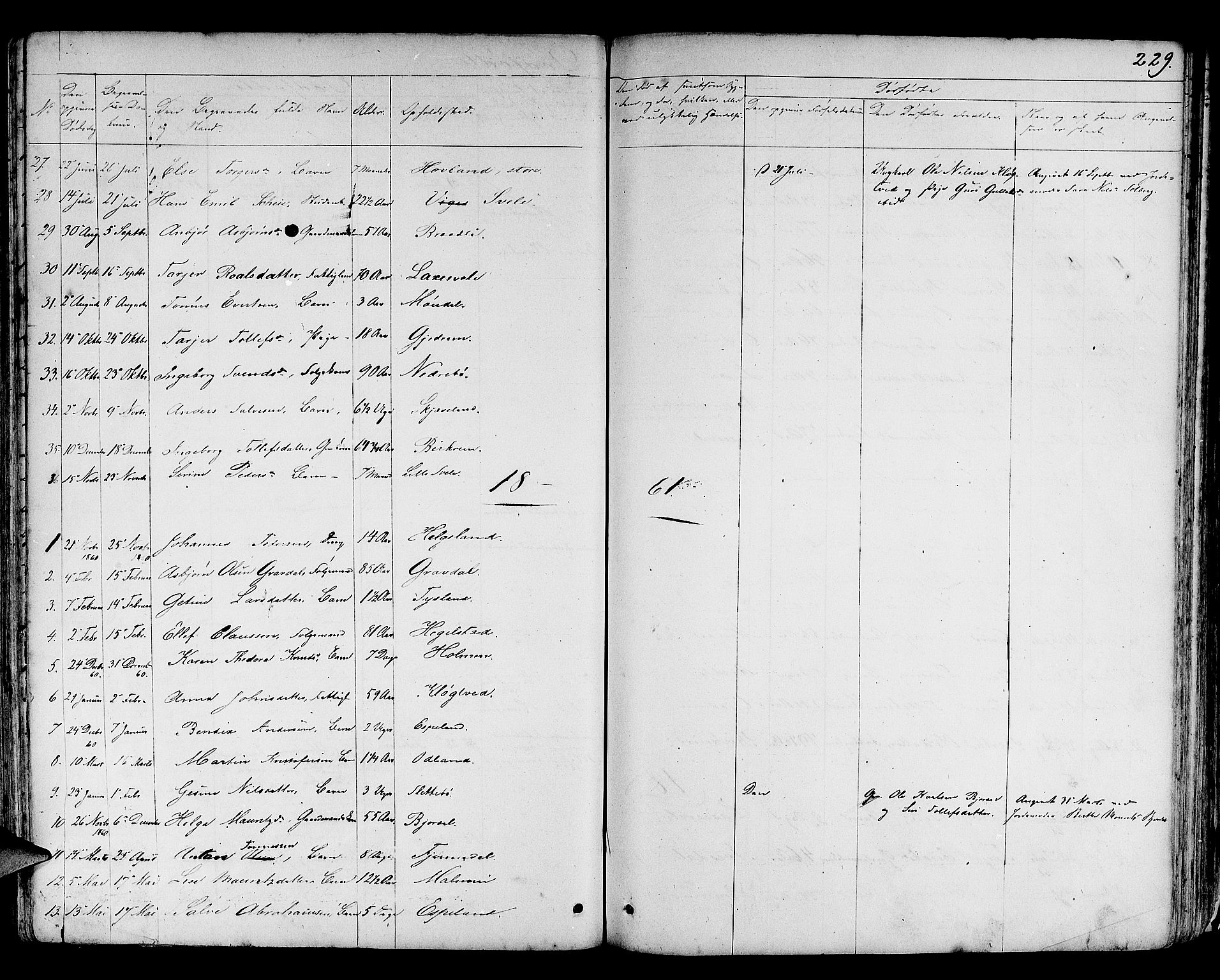 Helleland sokneprestkontor, AV/SAST-A-101810: Klokkerbok nr. B 3, 1847-1886, s. 229
