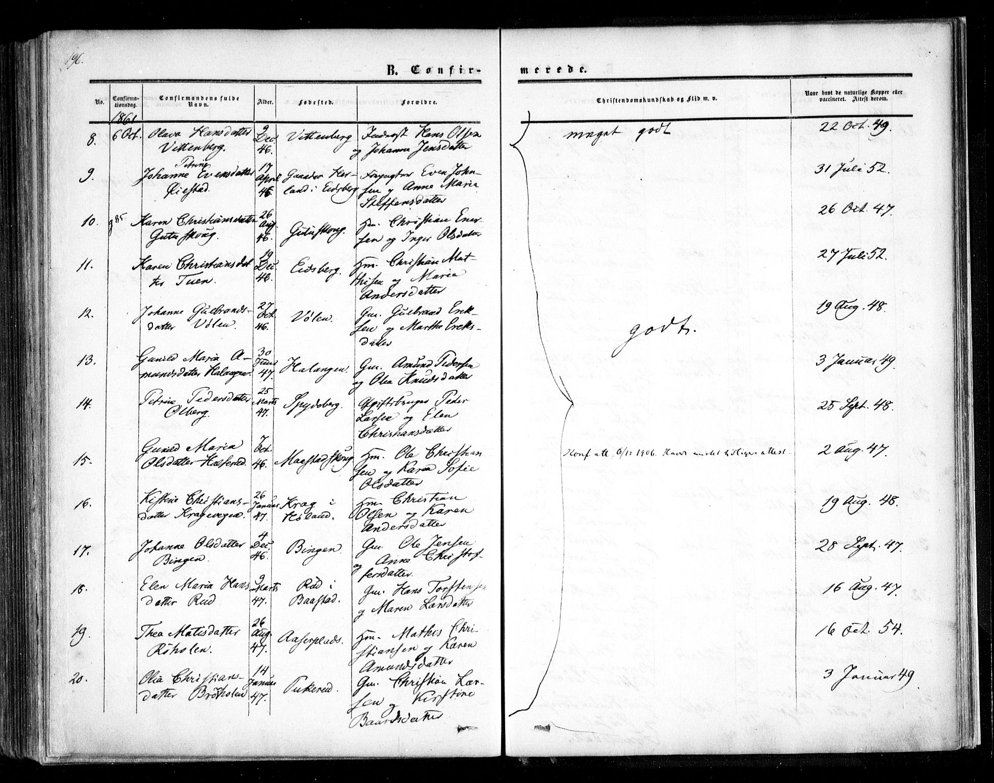 Trøgstad prestekontor Kirkebøker, AV/SAO-A-10925/F/Fa/L0008.a: Ministerialbok nr. I 8A, 1855-1864, s. 196