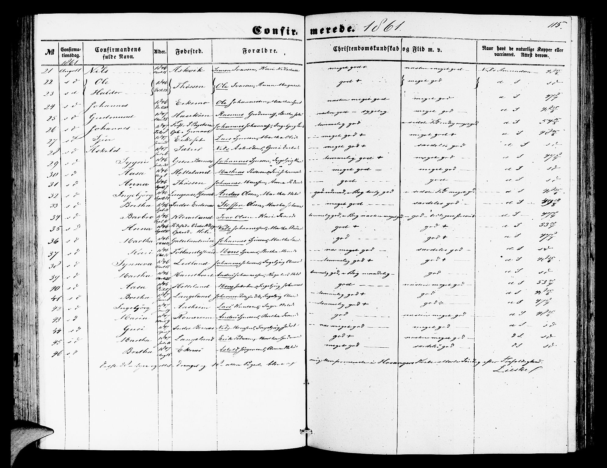 Hosanger sokneprestembete, AV/SAB-A-75801/H/Hab: Klokkerbok nr. A 2, 1857-1881, s. 115