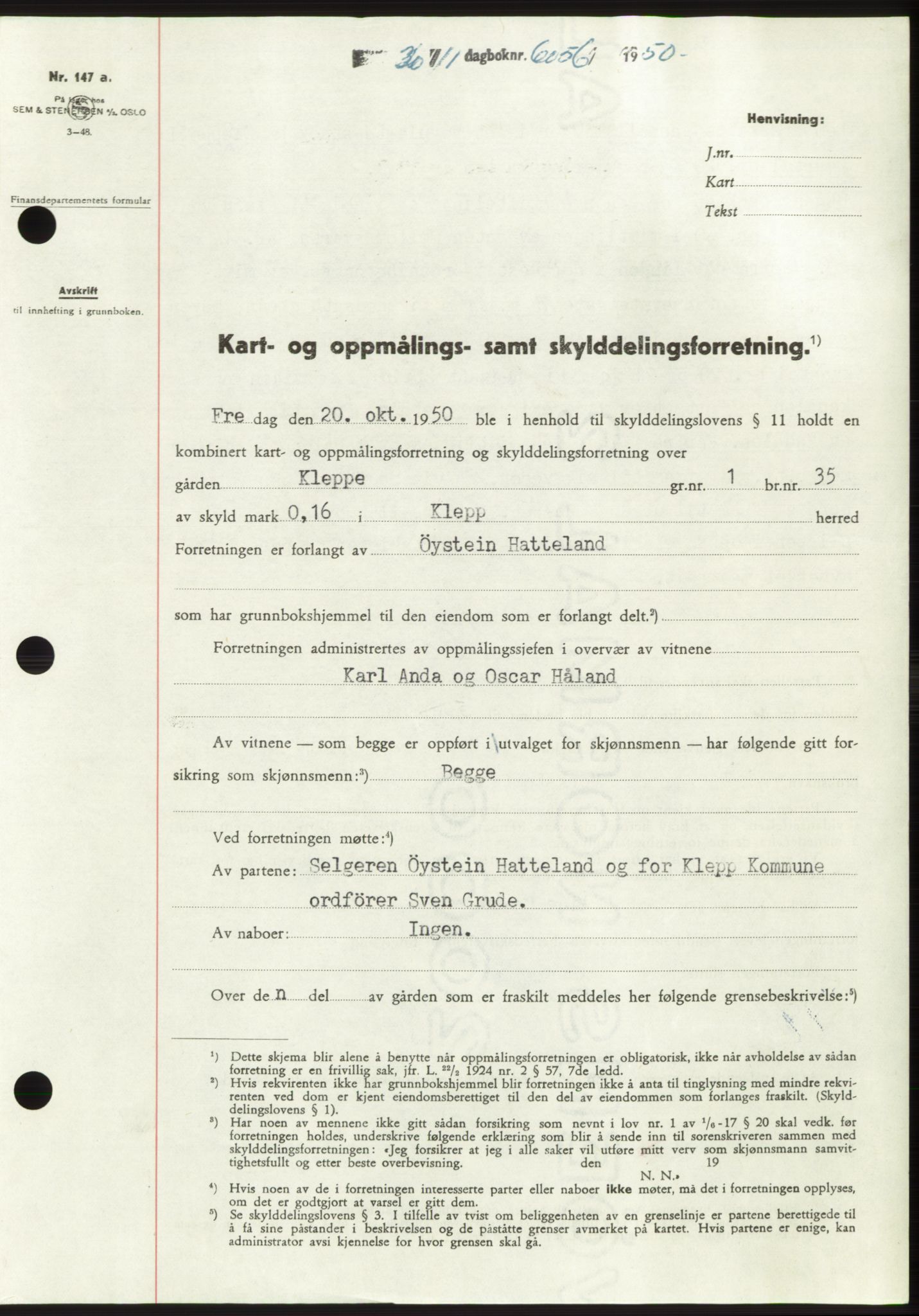Jæren sorenskriveri, SAST/A-100310/03/G/Gba/L0110: Pantebok, 1950-1950, Dagboknr: 6056/1950