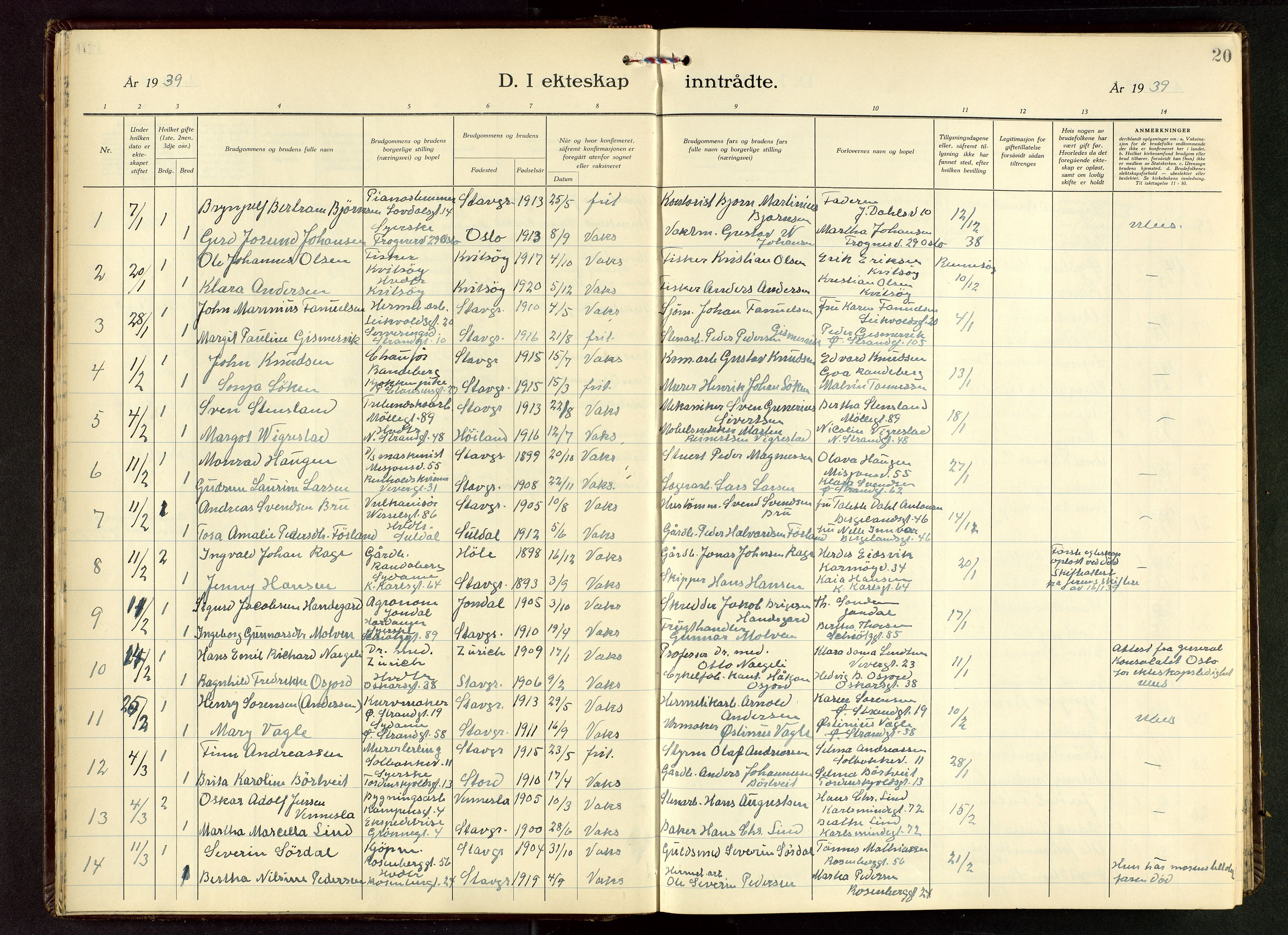 Domkirken sokneprestkontor, SAST/A-101812/001/30/30BB/L0022: Klokkerbok nr. B 22, 1937-1949, s. 20