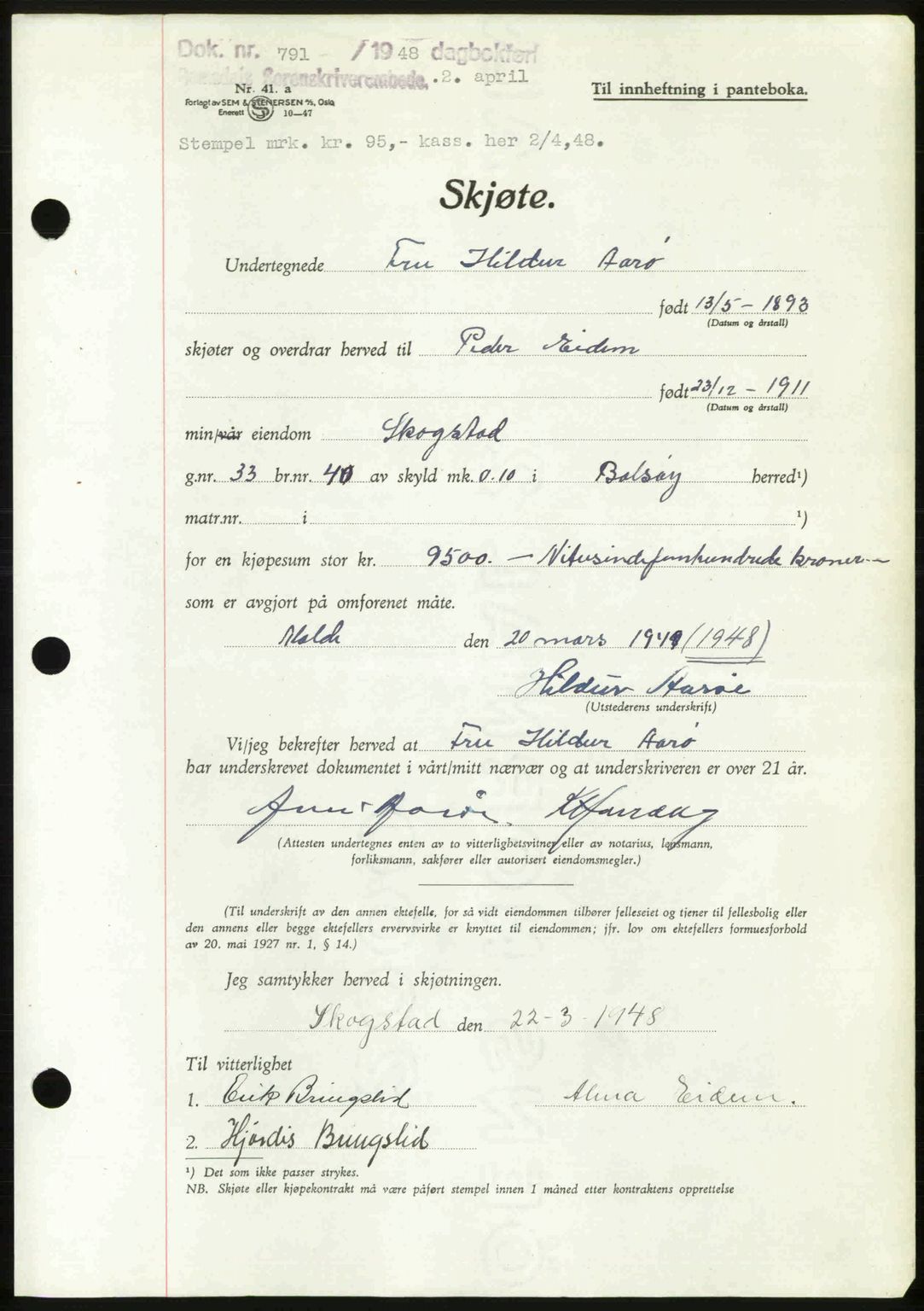 Romsdal sorenskriveri, SAT/A-4149/1/2/2C: Pantebok nr. A25, 1948-1948, Dagboknr: 791/1948
