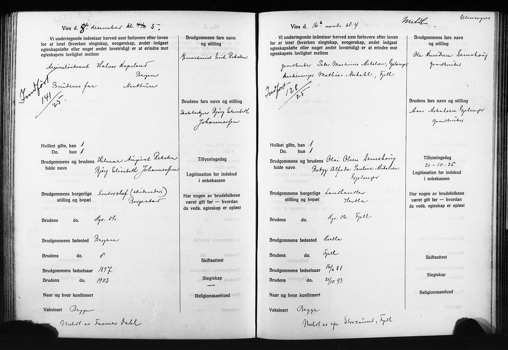 Domkirken sokneprestembete, AV/SAB-A-74801: Forlovererklæringer nr. II.5.14, 1922-1927, s. 247