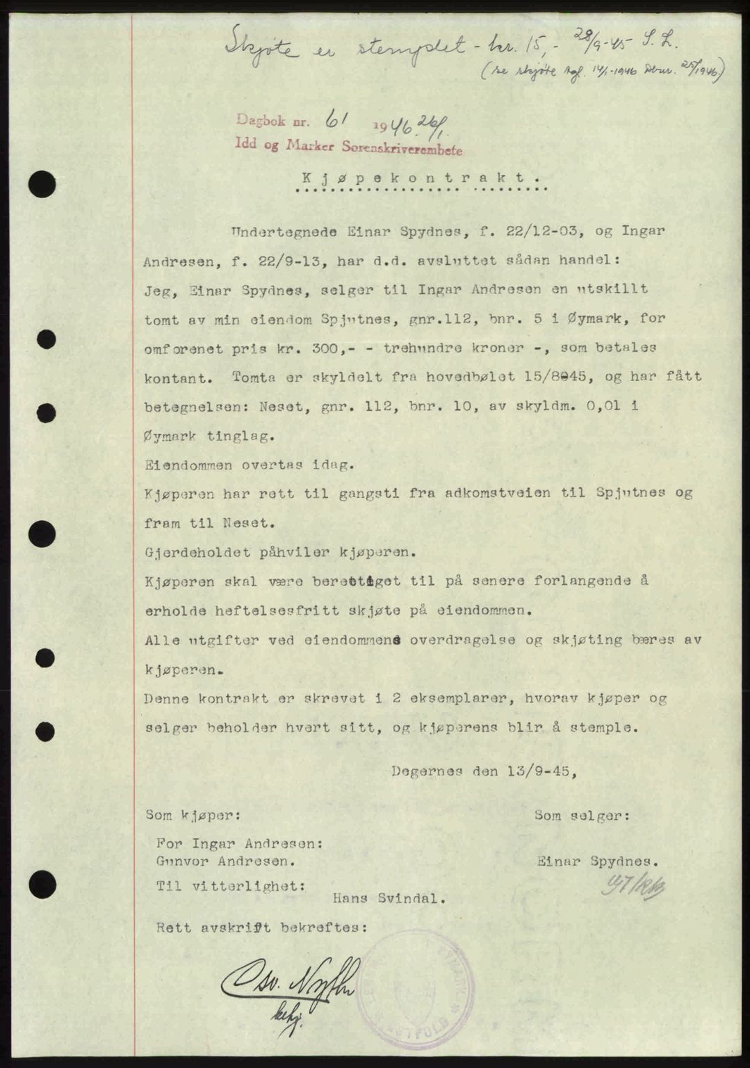 Idd og Marker sorenskriveri, SAO/A-10283/G/Gb/Gbb/L0008: Pantebok nr. A8, 1946-1946, Dagboknr: 61/1946