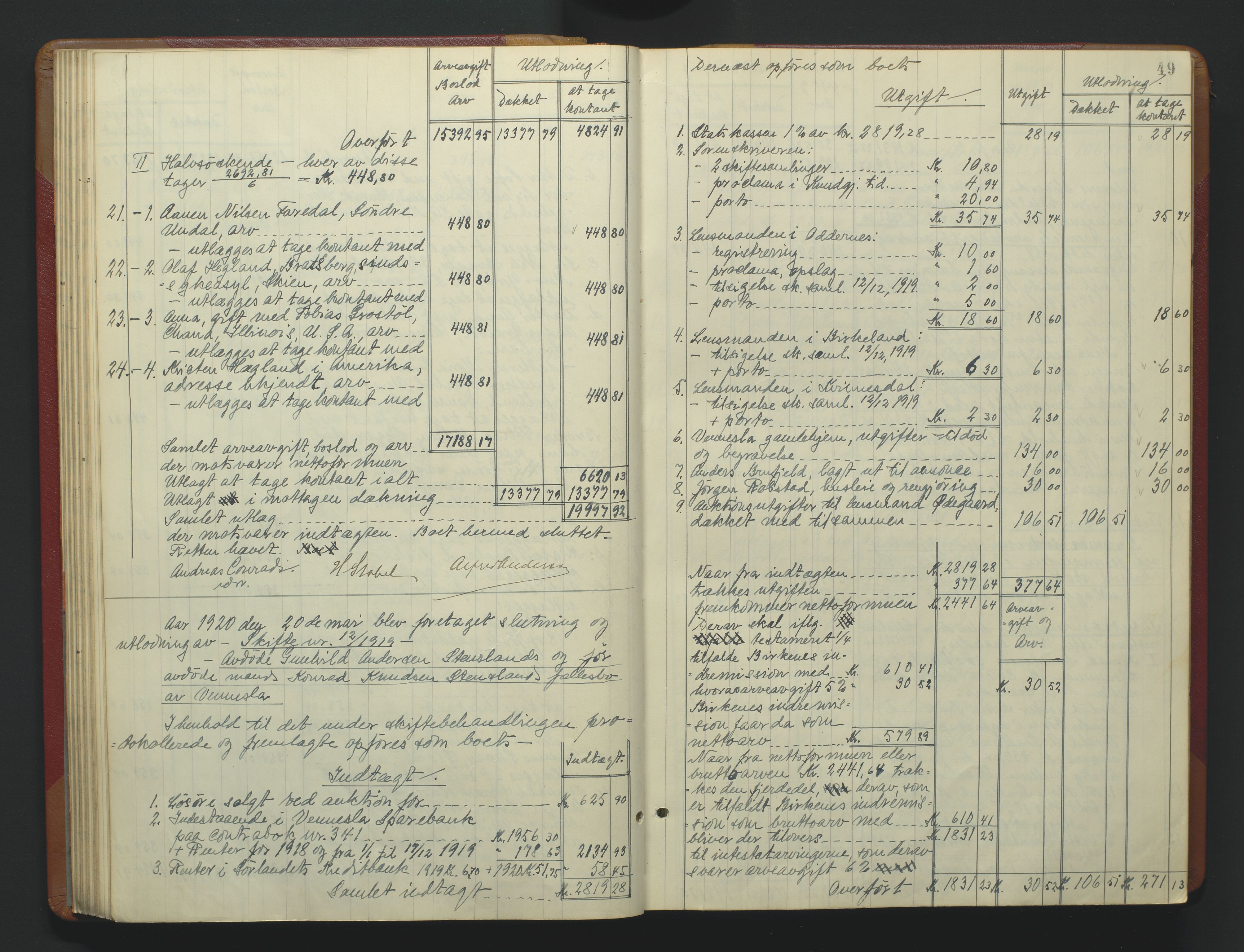 Torridal sorenskriveri, AV/SAK-1221-0012/H/Hc/L0037: Skifteutlodningsprotokoll med navneregister nr. 6, 1918-1927, s. 49