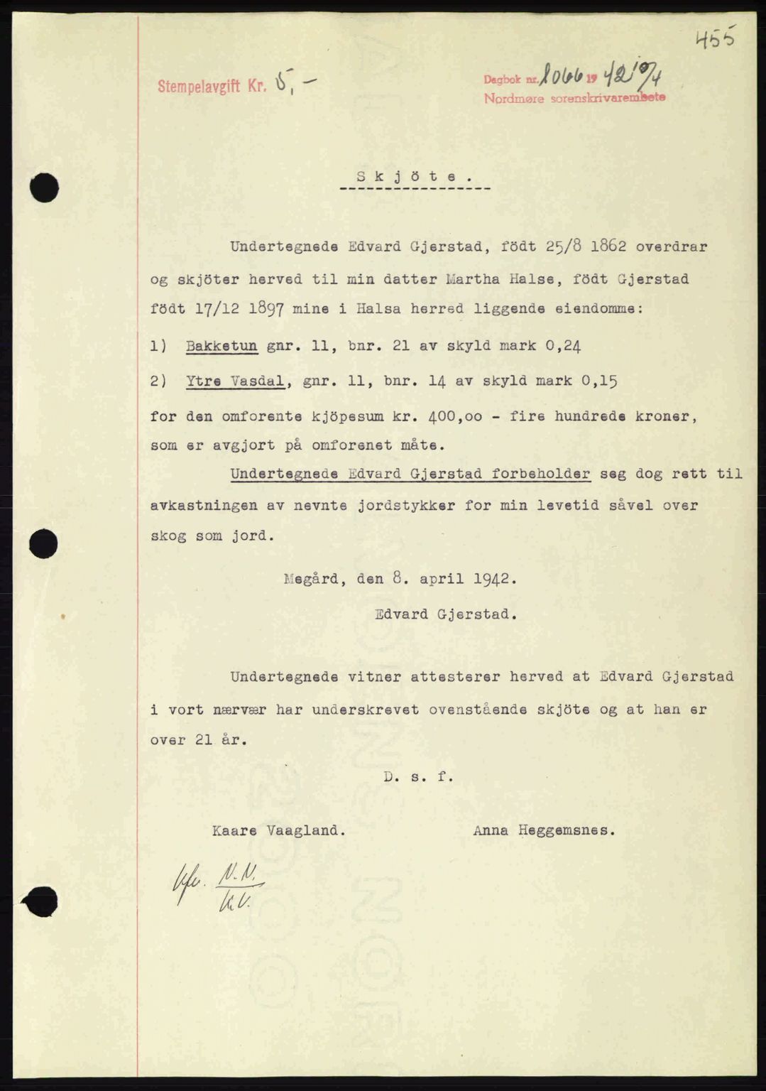Nordmøre sorenskriveri, SAT/A-4132/1/2/2Ca: Pantebok nr. A92, 1942-1942, Dagboknr: 1066/1942