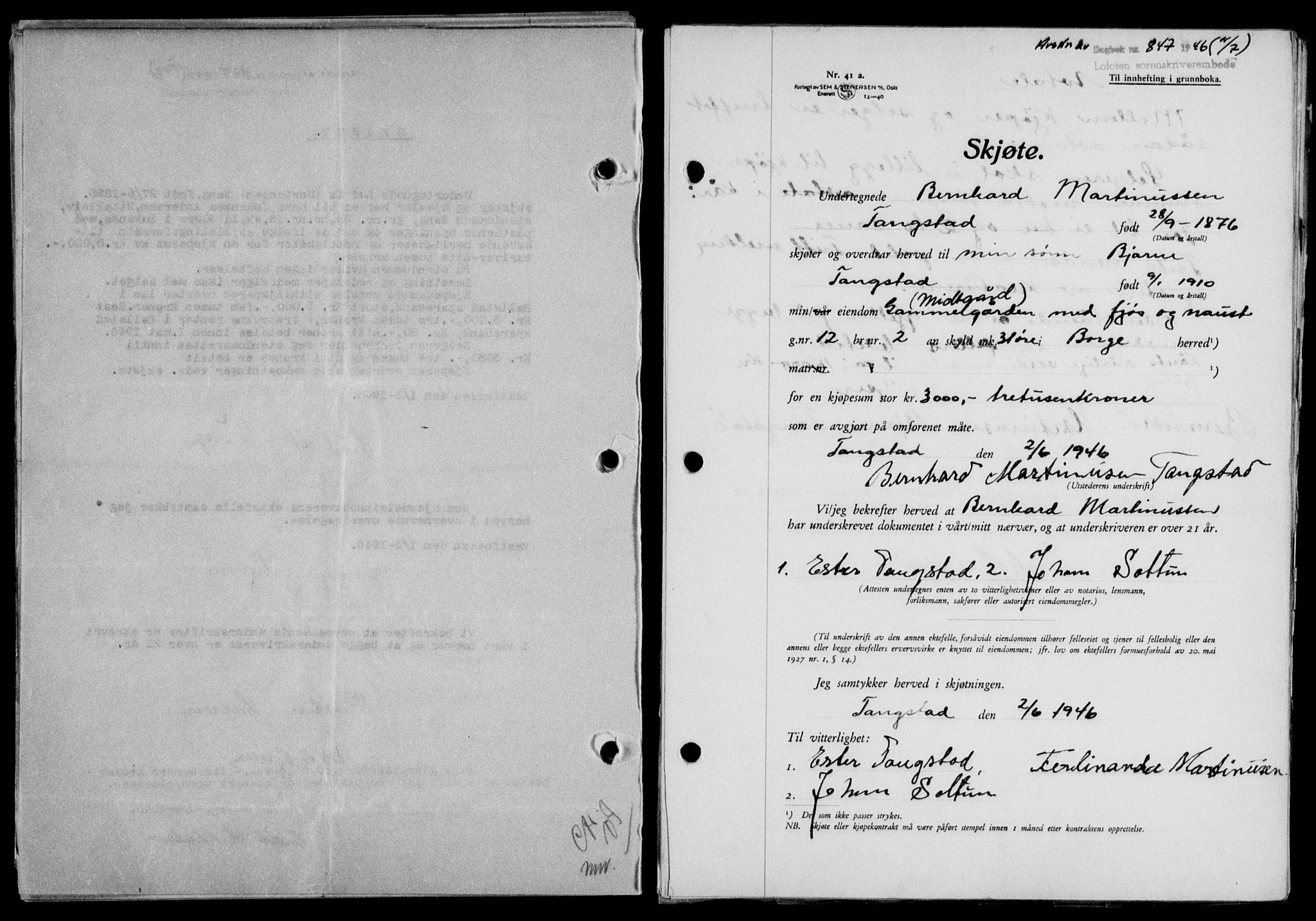 Lofoten sorenskriveri, SAT/A-0017/1/2/2C/L0014a: Pantebok nr. 14a, 1946-1946, Dagboknr: 847/1946