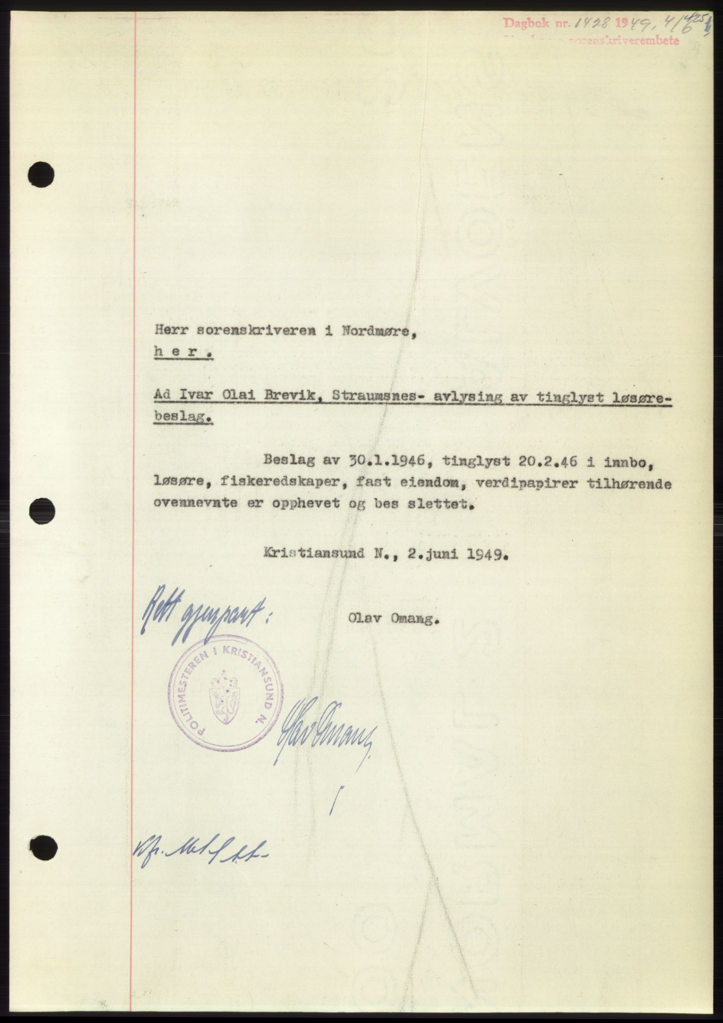 Nordmøre sorenskriveri, SAT/A-4132/1/2/2Ca: Pantebok nr. B101, 1949-1949, Dagboknr: 1428/1949