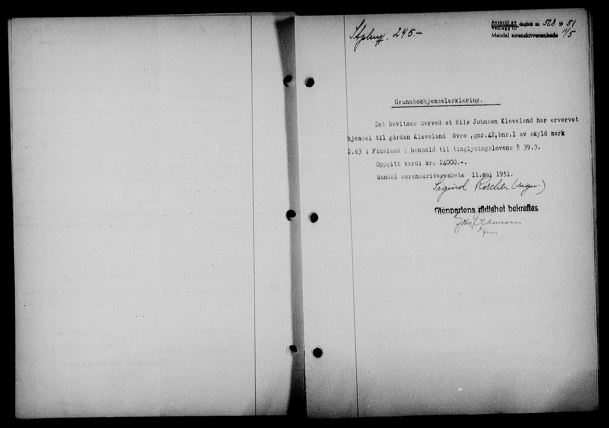 Mandal sorenskriveri, SAK/1221-0005/001/G/Gb/Gba/L0084: Pantebok nr. A-21, 1951-1951, Dagboknr: 568/1951