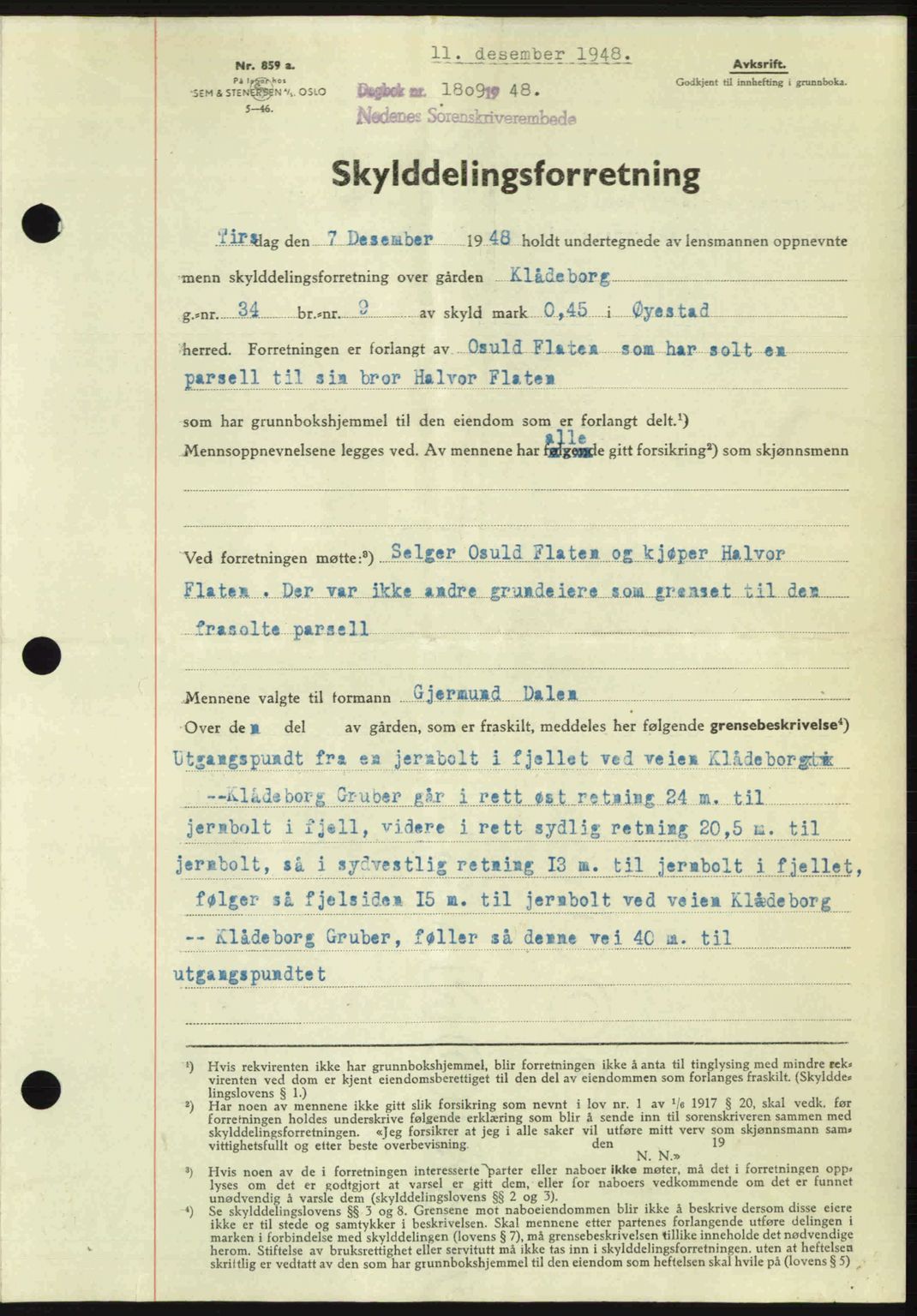 Nedenes sorenskriveri, SAK/1221-0006/G/Gb/Gba/L0060: Pantebok nr. A12, 1948-1949, Dagboknr: 1809/1948
