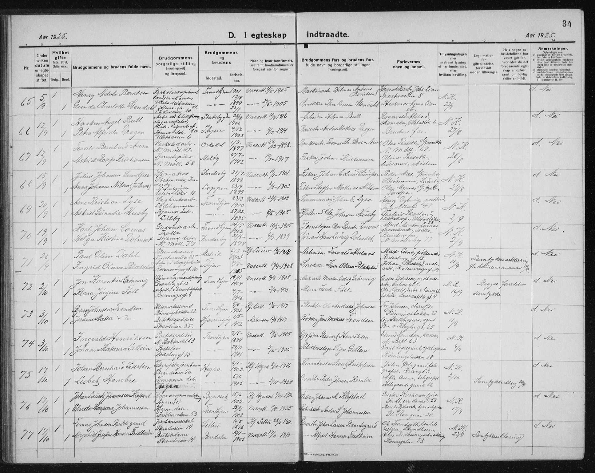 Ministerialprotokoller, klokkerbøker og fødselsregistre - Sør-Trøndelag, AV/SAT-A-1456/605/L0260: Klokkerbok nr. 605C07, 1922-1942, s. 34