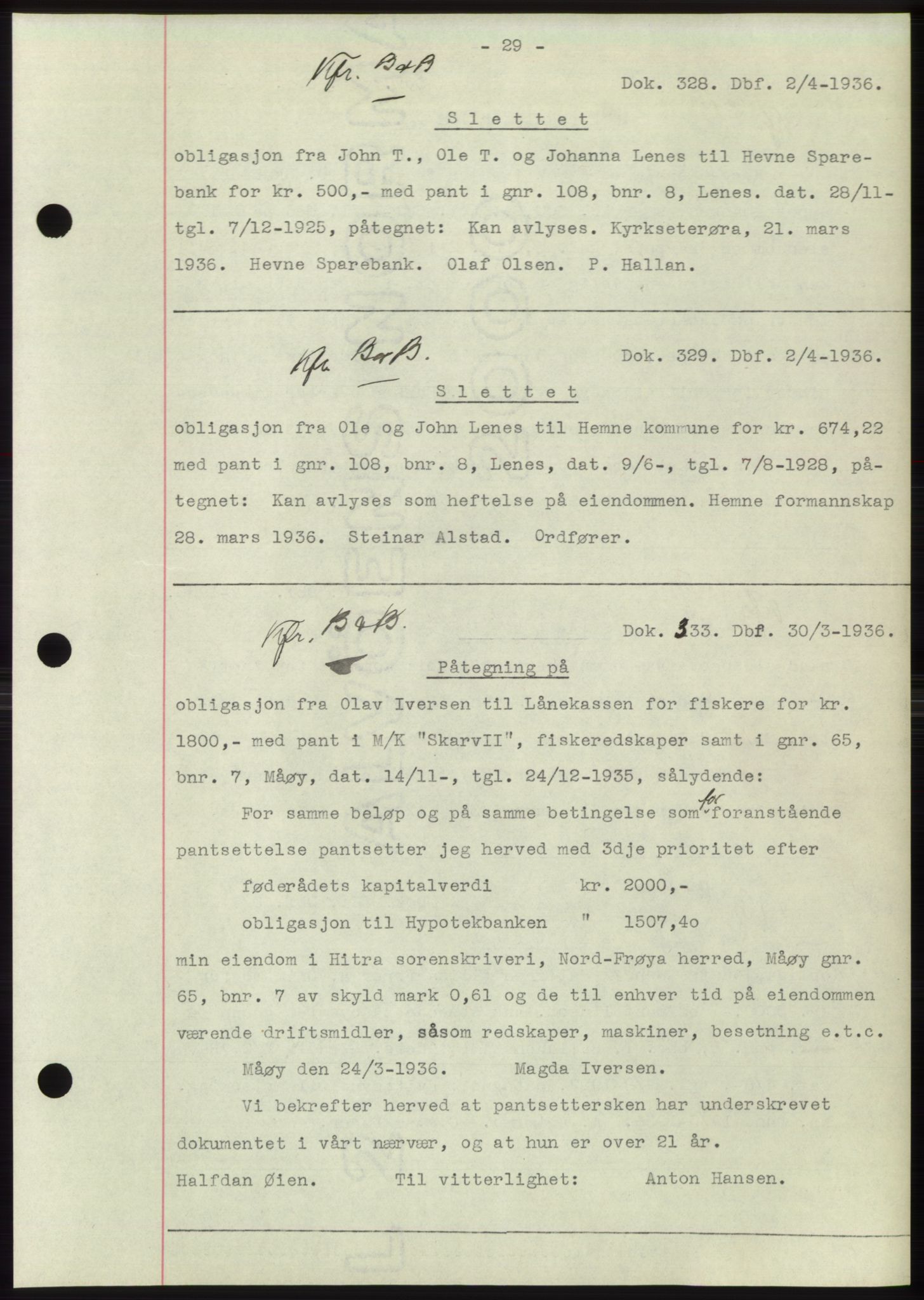 Hitra sorenskriveri, AV/SAT-A-0018/2/2C/2Ca: Pantebok nr. C1, 1936-1945, Dagboknr: 328/1936