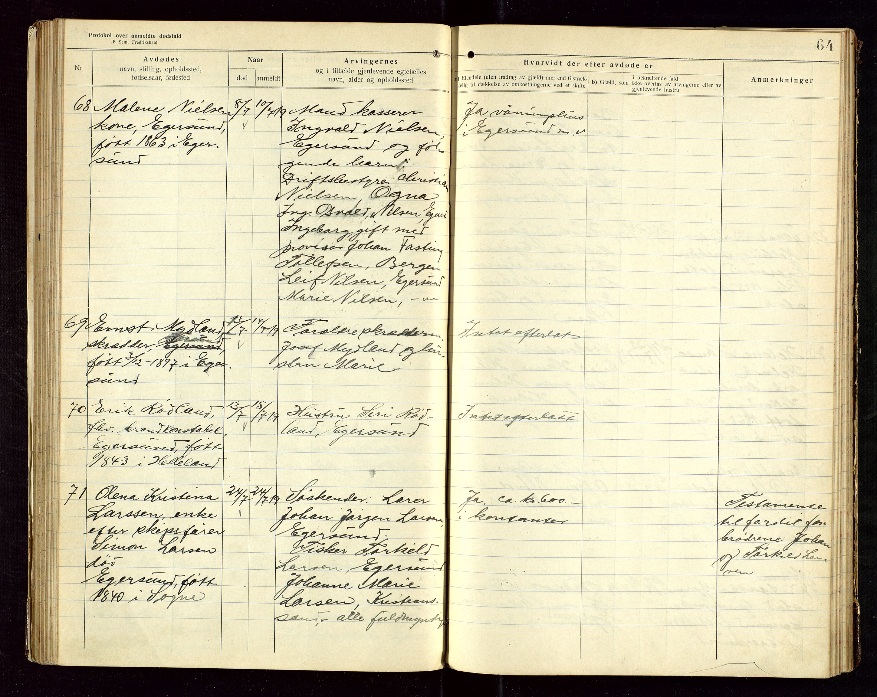 Eigersund lensmannskontor, AV/SAST-A-100171/Gga/L0007: "Protokol over anmeldte dødsfald" m/alfabetisk navneregister, 1917-1920, s. 64