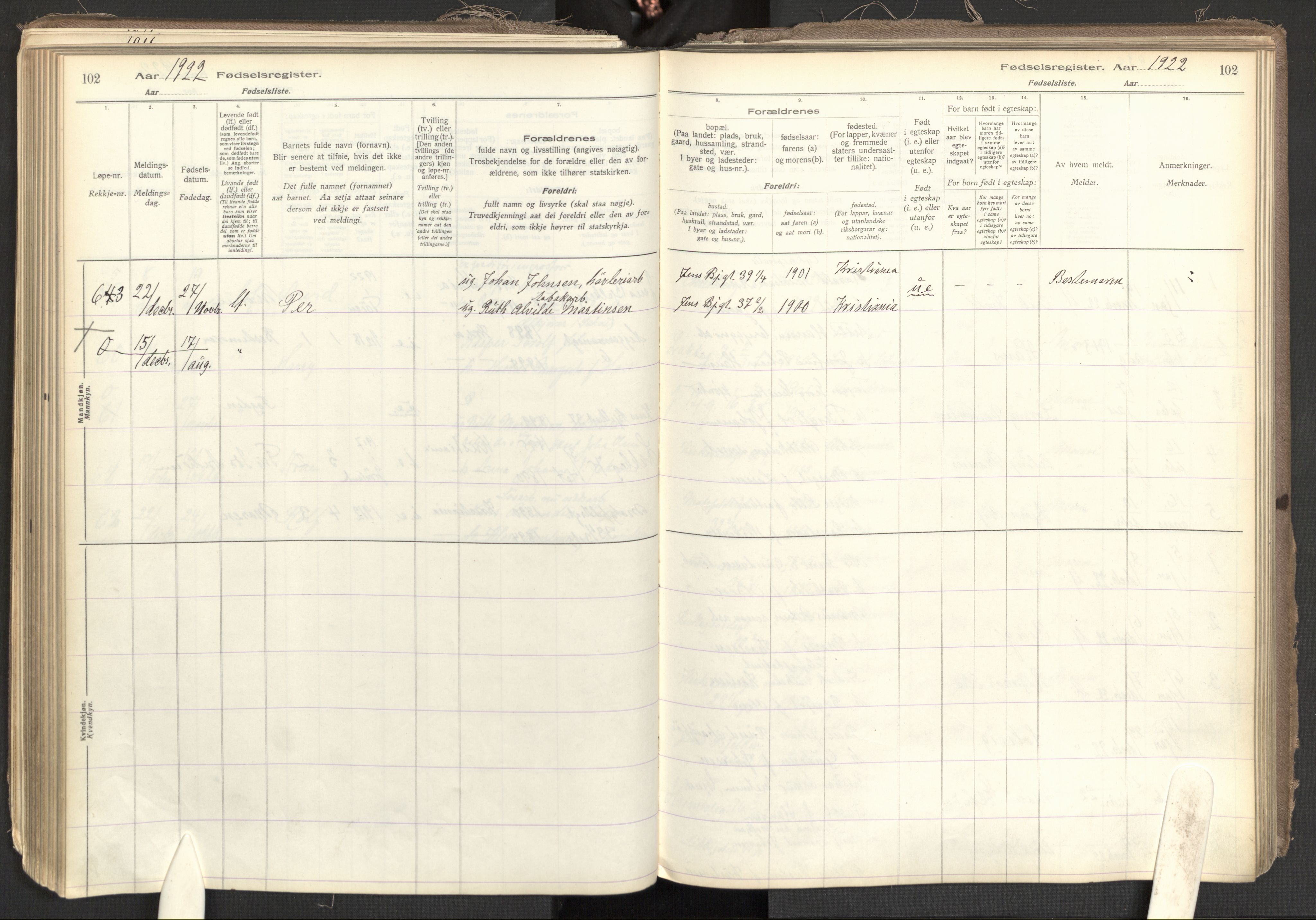 Tøyen prestekontor Kirkebøker, AV/SAO-A-10167a/J/Ja/L0001: Fødselsregister nr. 1, 1916-1944, s. 102