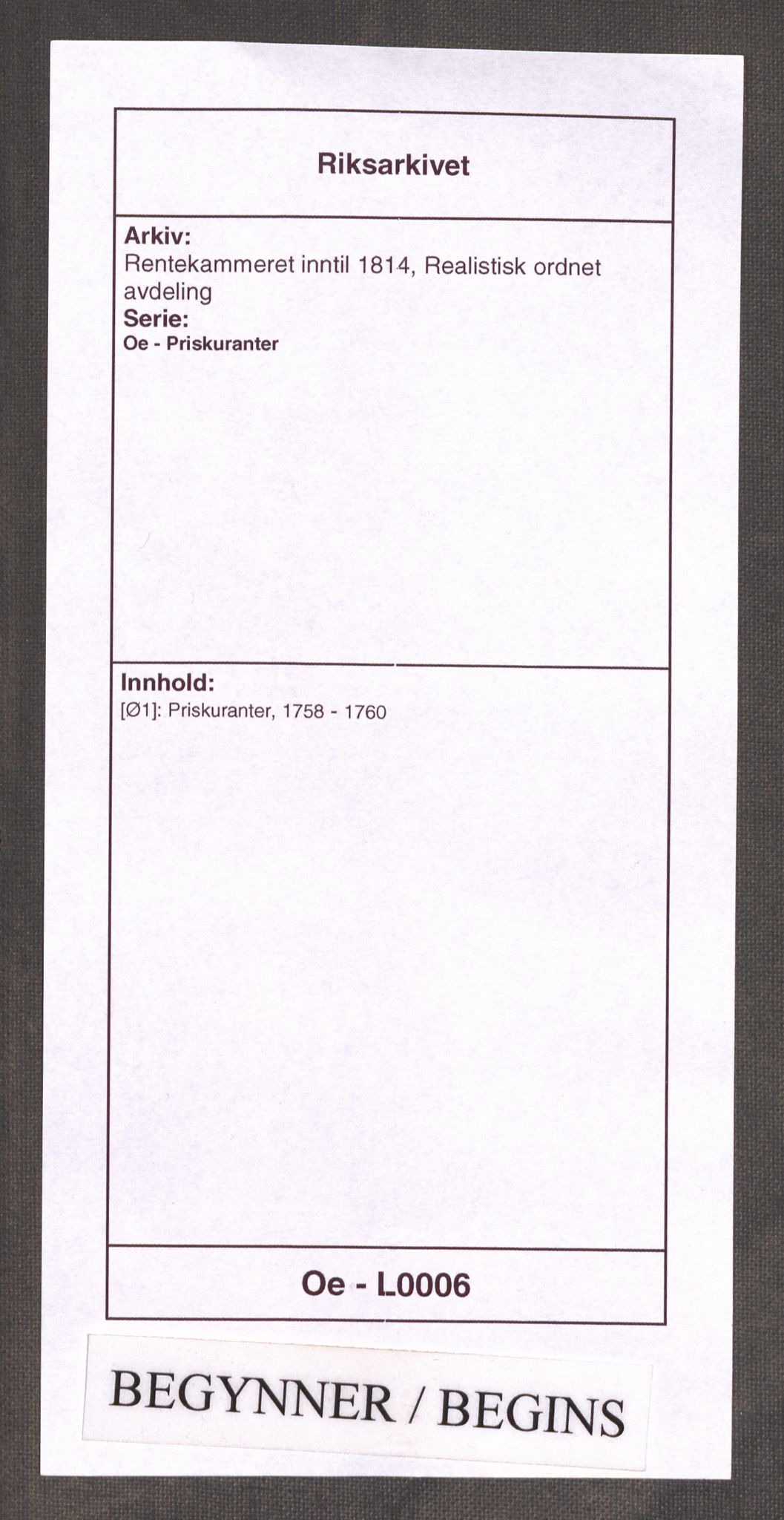 Rentekammeret inntil 1814, Realistisk ordnet avdeling, AV/RA-EA-4070/Oe/L0006: [Ø1]: Priskuranter, 1758-1760, s. 1