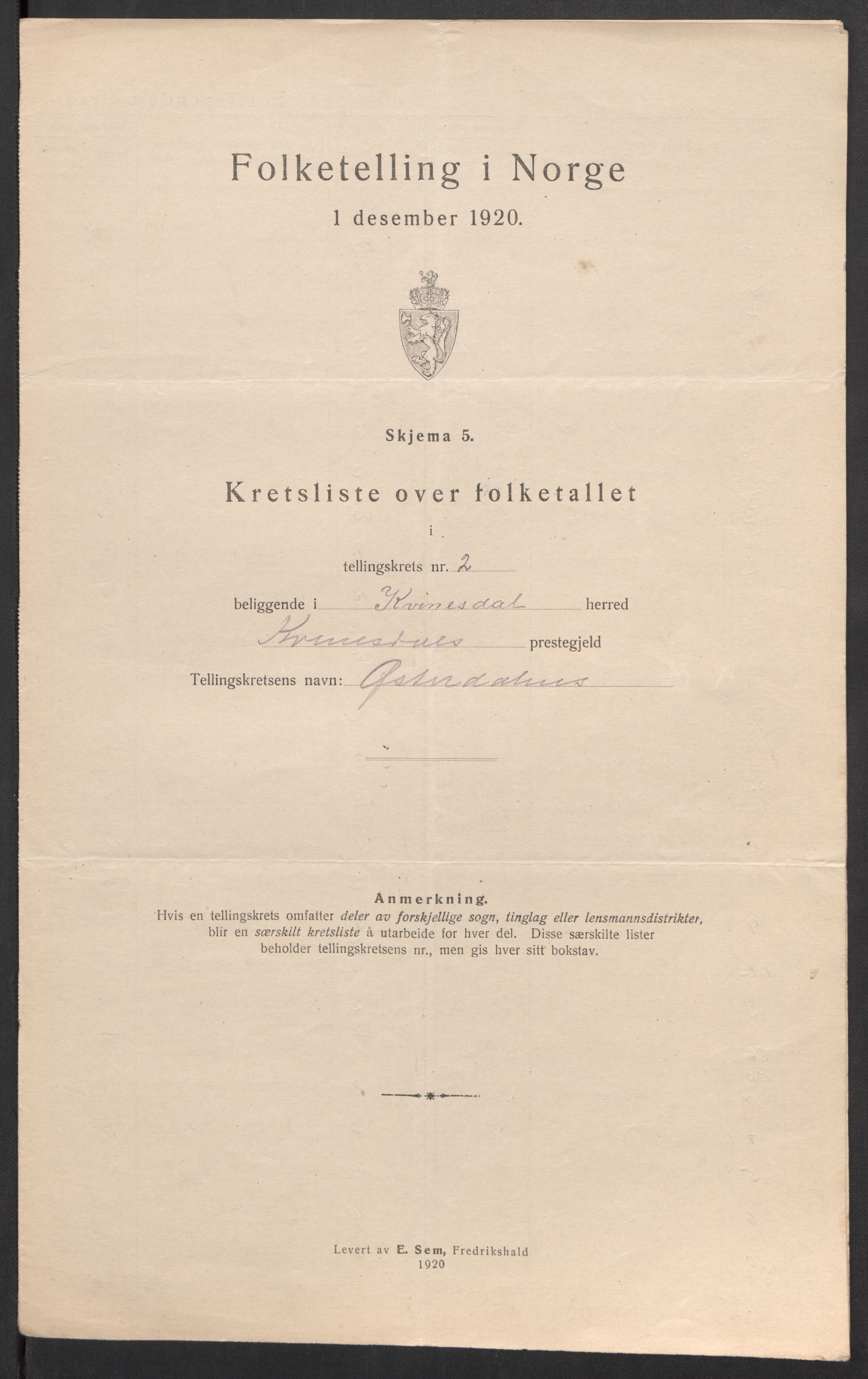SAK, Folketelling 1920 for 1037 Kvinesdal herred, 1920, s. 9