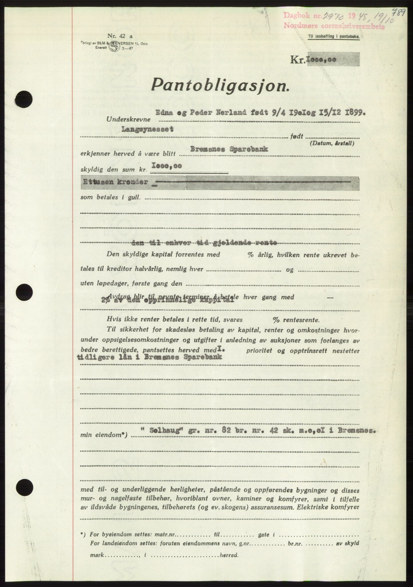 Nordmøre sorenskriveri, AV/SAT-A-4132/1/2/2Ca: Pantebok nr. B99, 1948-1948, Dagboknr: 2970/1948