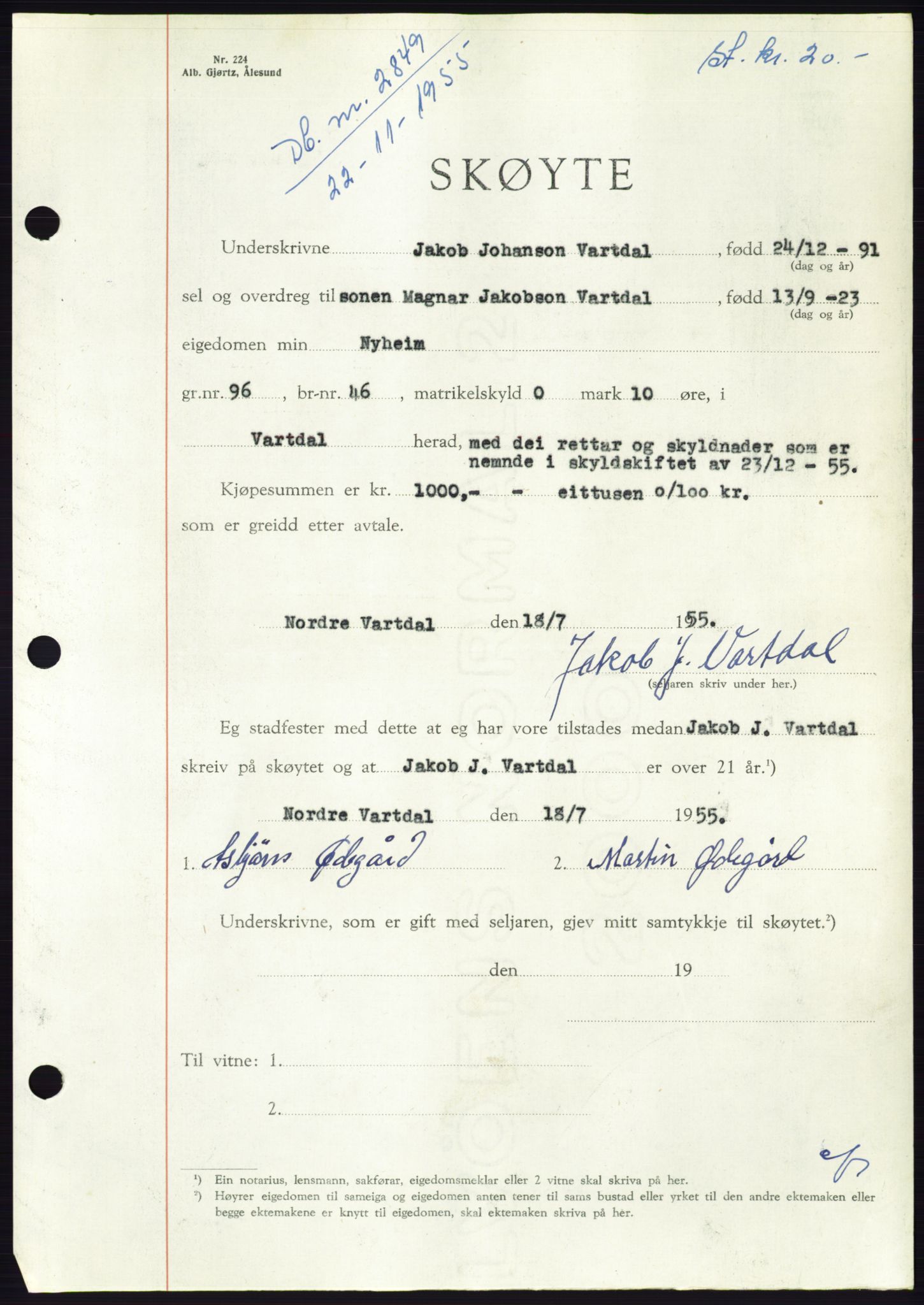 Søre Sunnmøre sorenskriveri, SAT/A-4122/1/2/2C/L0102: Pantebok nr. 28A, 1955-1956, Dagboknr: 2849/1955