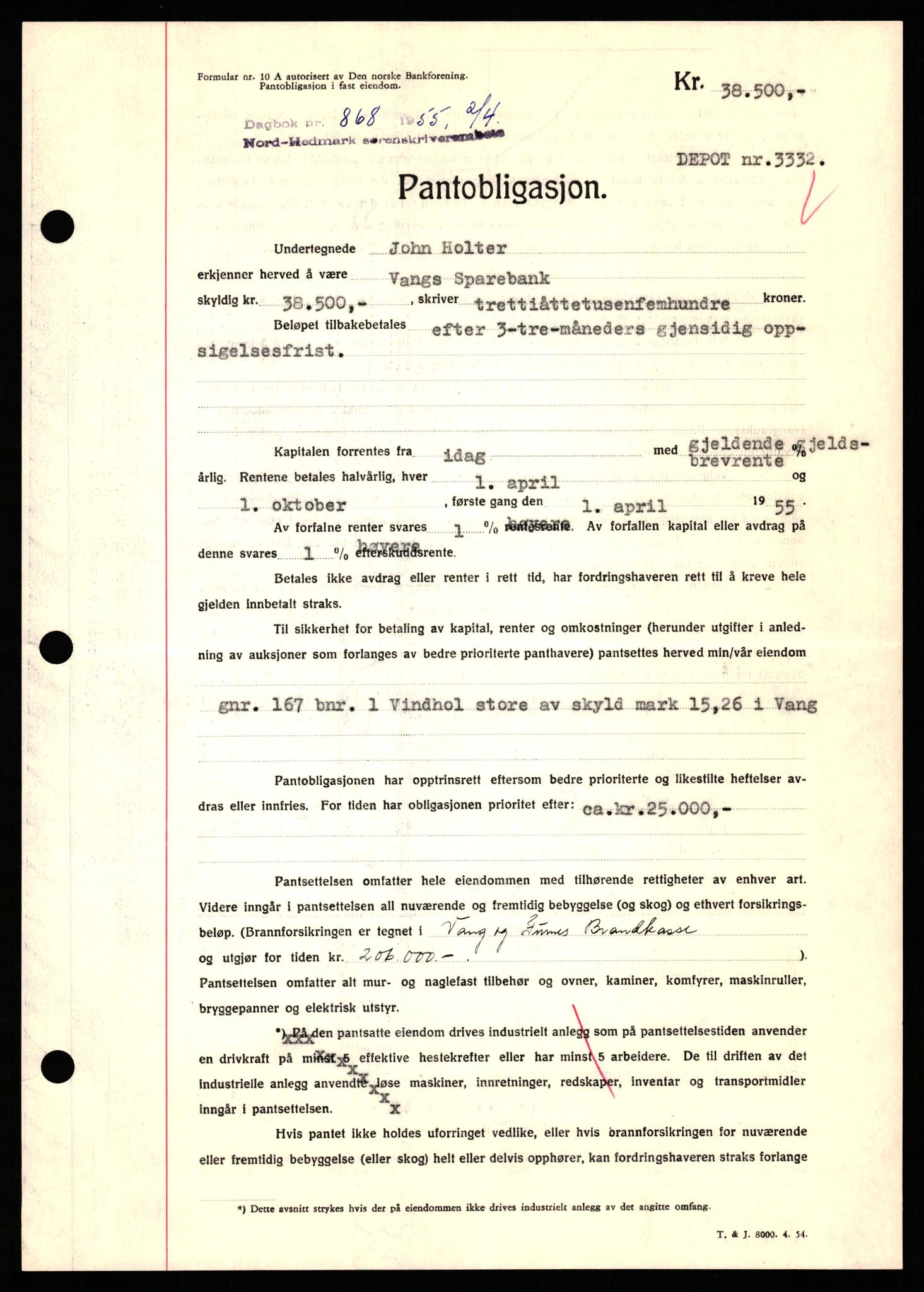 Nord-Hedmark sorenskriveri, SAH/TING-012/H/Hb/Hbf/L0032: Pantebok nr. B32, 1955-1955, Dagboknr: 868/1952