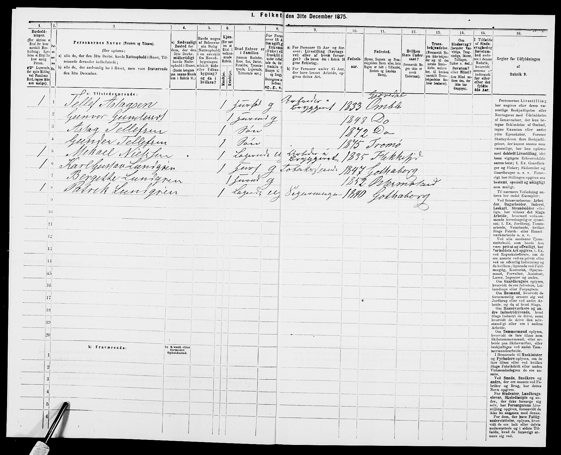 SAK, Folketelling 1875 for 0918P Austre Moland prestegjeld, 1875, s. 340