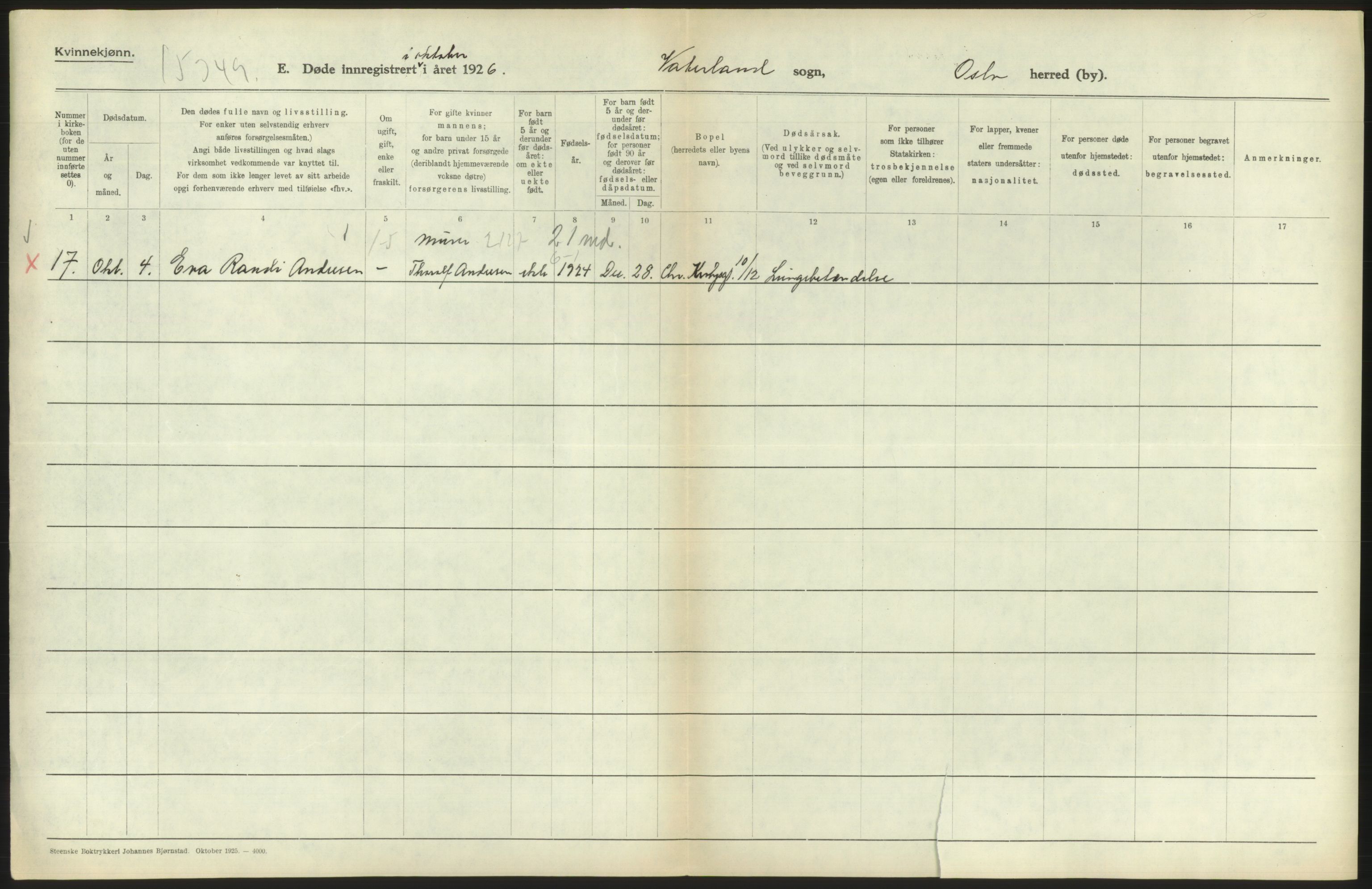 Statistisk sentralbyrå, Sosiodemografiske emner, Befolkning, AV/RA-S-2228/D/Df/Dfc/Dfcf/L0010: Oslo: Døde kvinner, dødfødte, 1926, s. 462