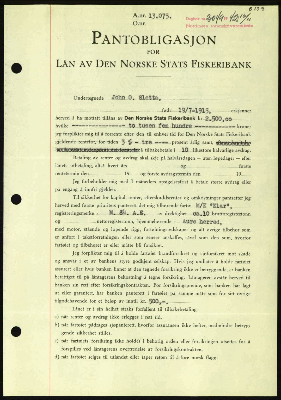 Nordmøre sorenskriveri, SAT/A-4132/1/2/2Ca: Pantebok nr. B90, 1942-1943, Dagboknr: 3049/1942