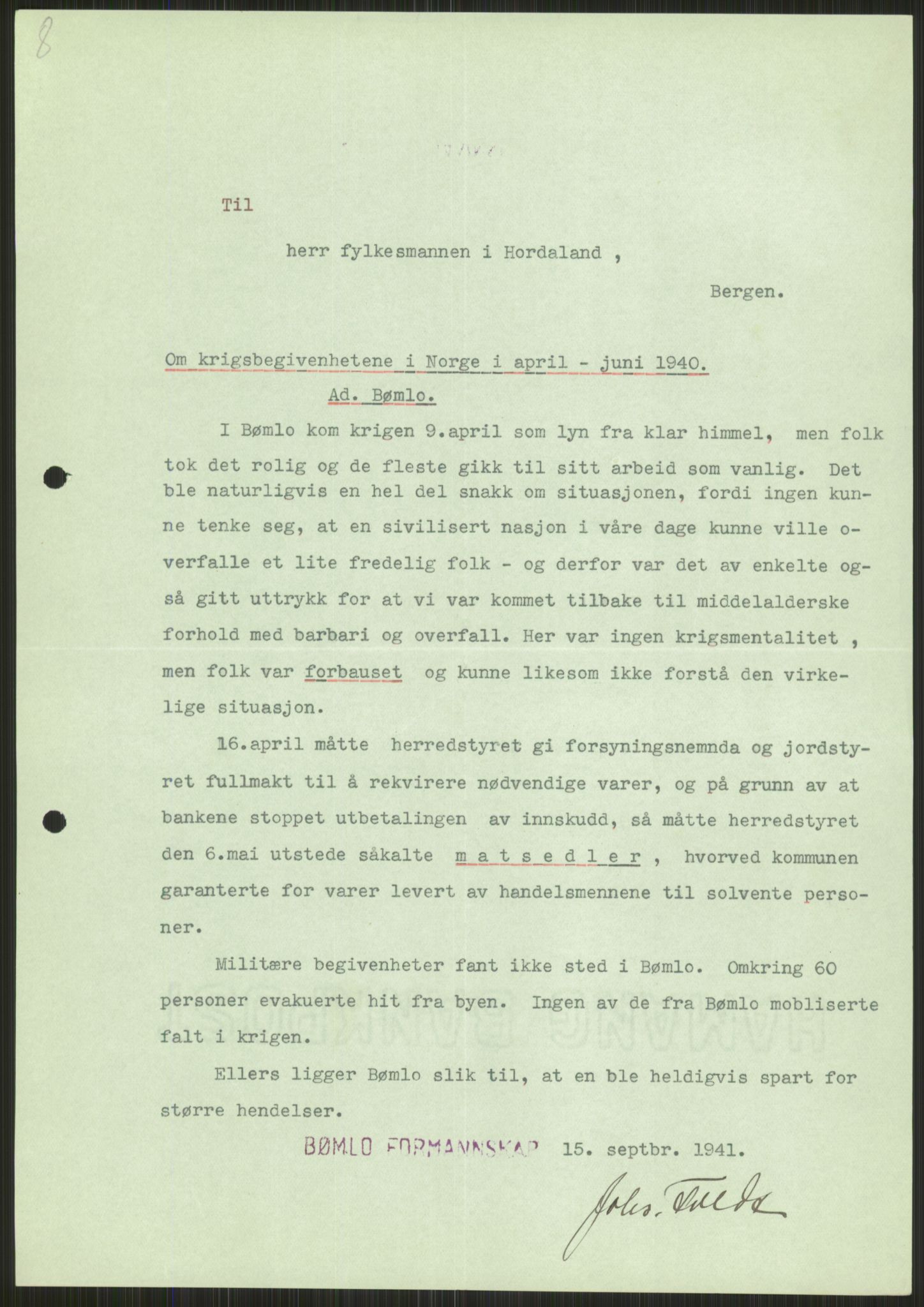 Forsvaret, Forsvarets krigshistoriske avdeling, AV/RA-RAFA-2017/Y/Ya/L0015: II-C-11-31 - Fylkesmenn.  Rapporter om krigsbegivenhetene 1940., 1940, s. 239