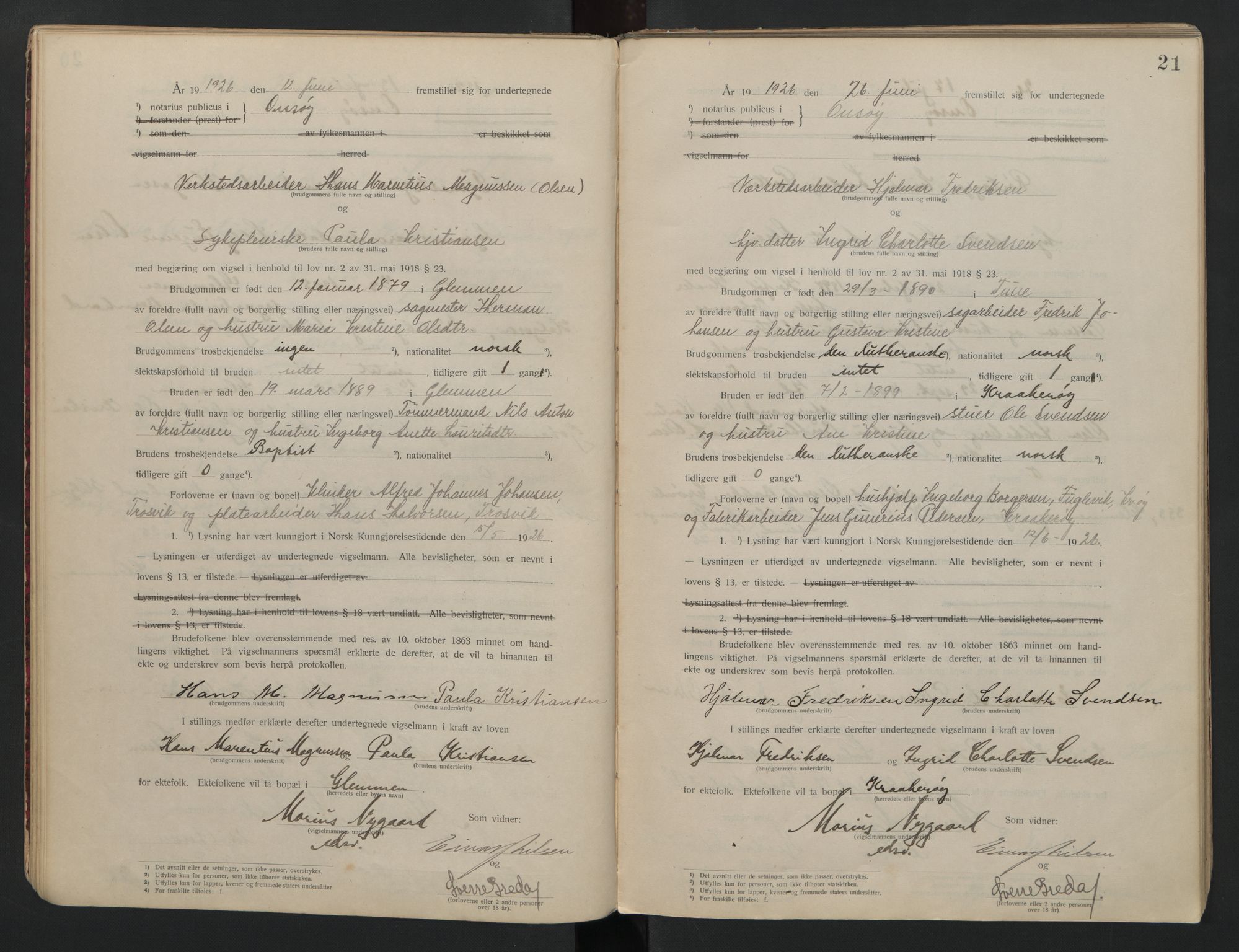 Onsøy sorenskriveri, AV/SAO-A-10474/L/La/L0001: Vigselsbok, 1920-1942, s. 21
