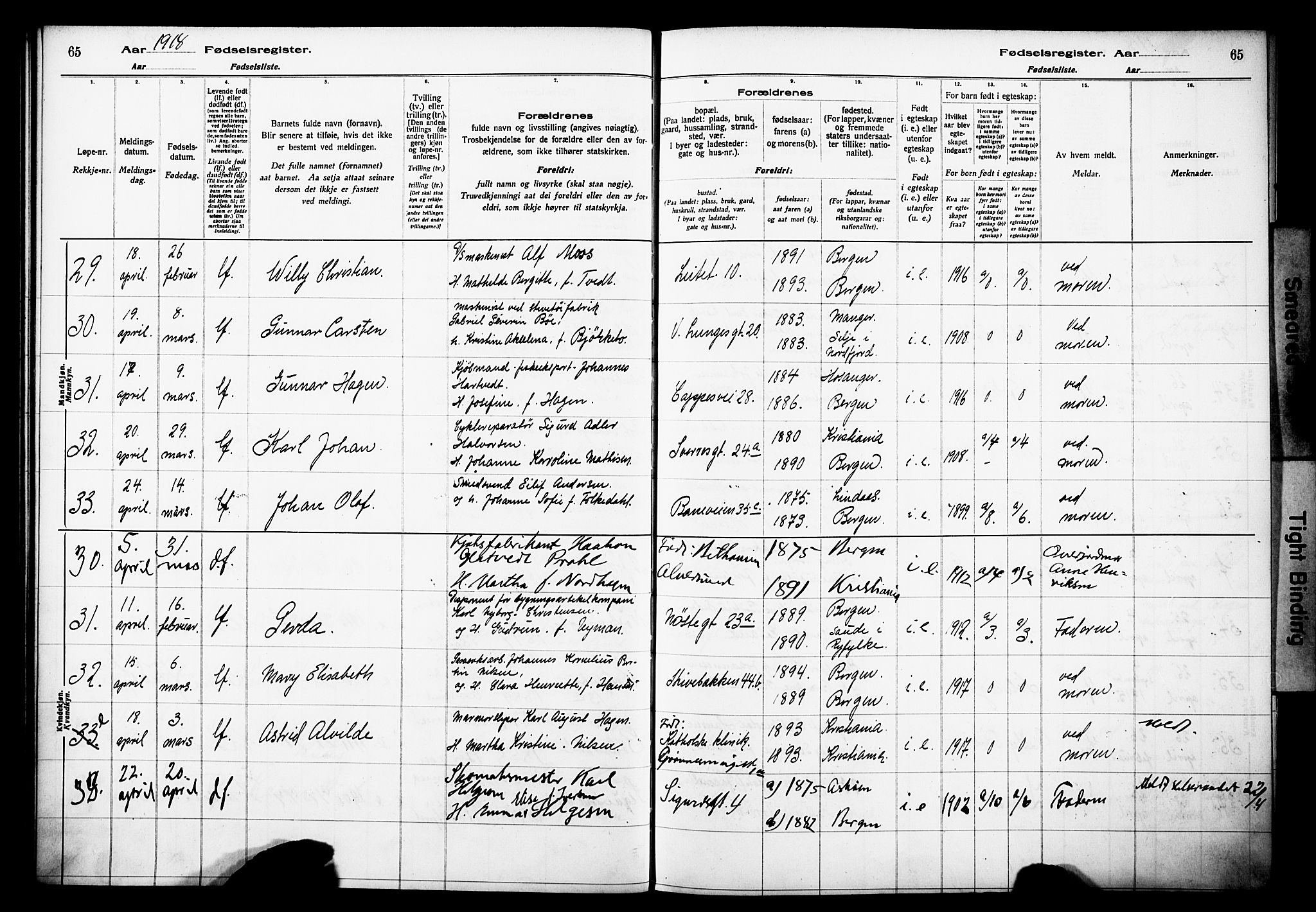 Domkirken sokneprestembete, AV/SAB-A-74801/I/Id/L00A1: Fødselsregister nr. A 1, 1916-1923, s. 65
