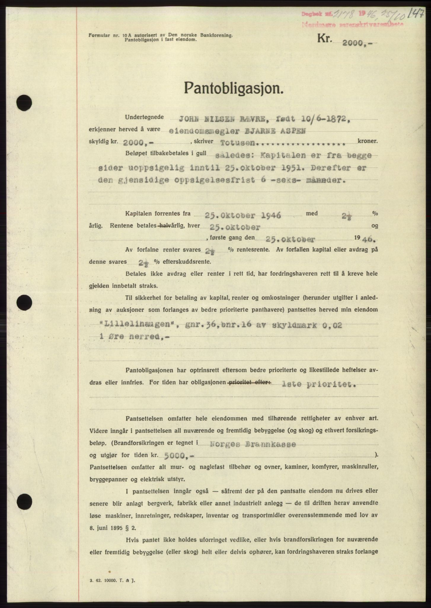 Nordmøre sorenskriveri, SAT/A-4132/1/2/2Ca: Pantebok nr. B95, 1946-1947, Dagboknr: 2178/1946