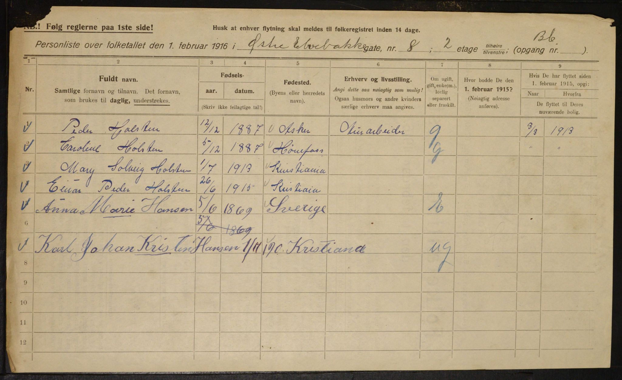 OBA, Kommunal folketelling 1.2.1916 for Kristiania, 1916, s. 133134