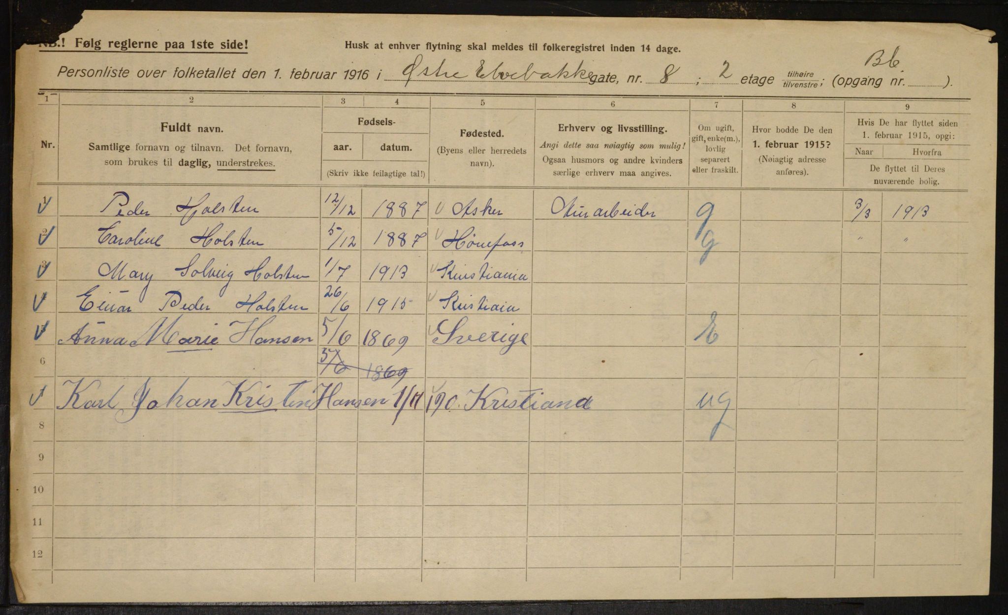 OBA, Kommunal folketelling 1.2.1916 for Kristiania, 1916, s. 133134