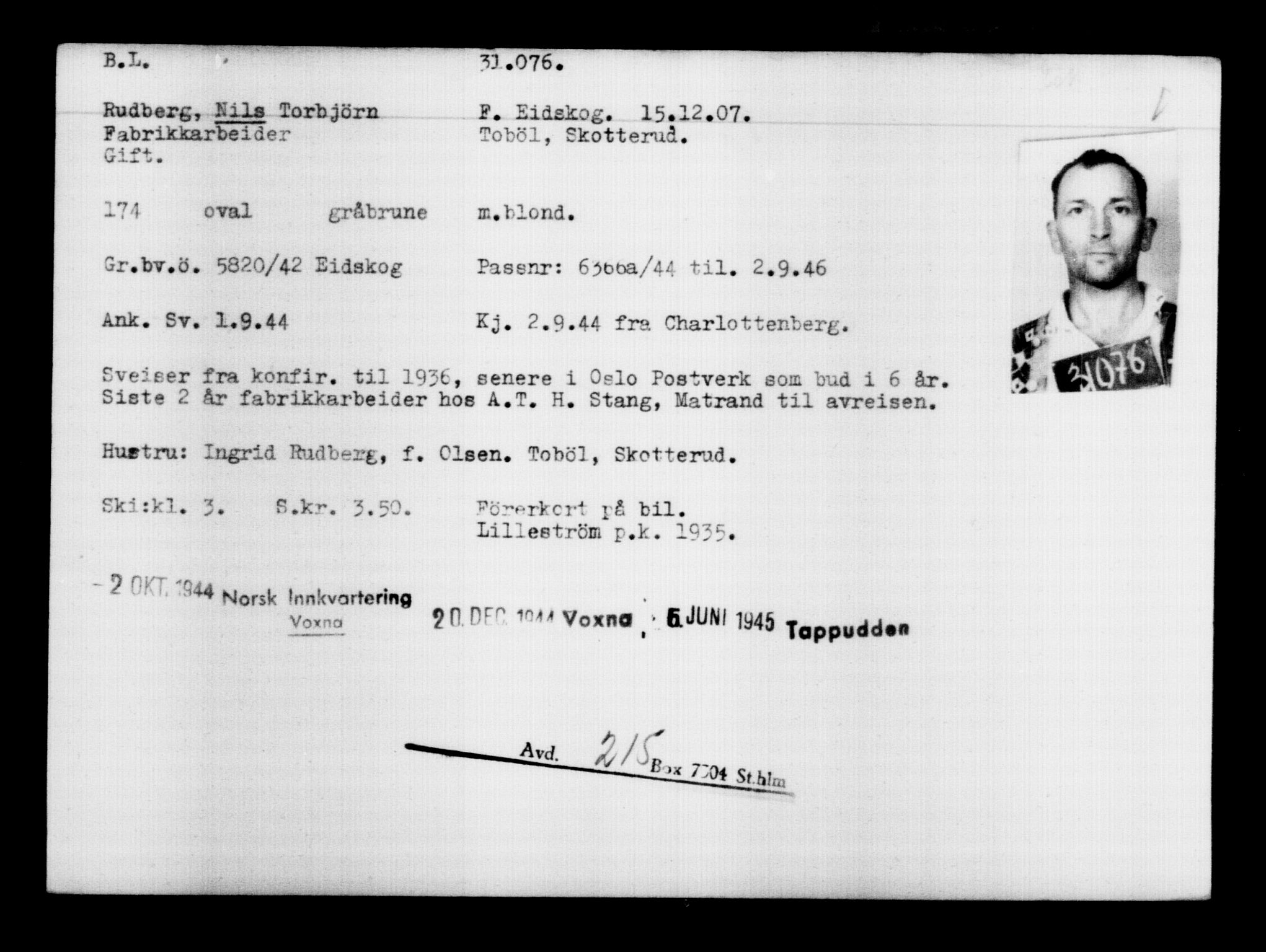 Utenriksstasjonene, Legasjonen i Stockholm, Flyktningkontoret, AV/RA-S-6753/V/Va/L0012: Kjesäterkartoteket, flyktninger med registreringsnr. 28300-31566, 1940-1945, s. 3009