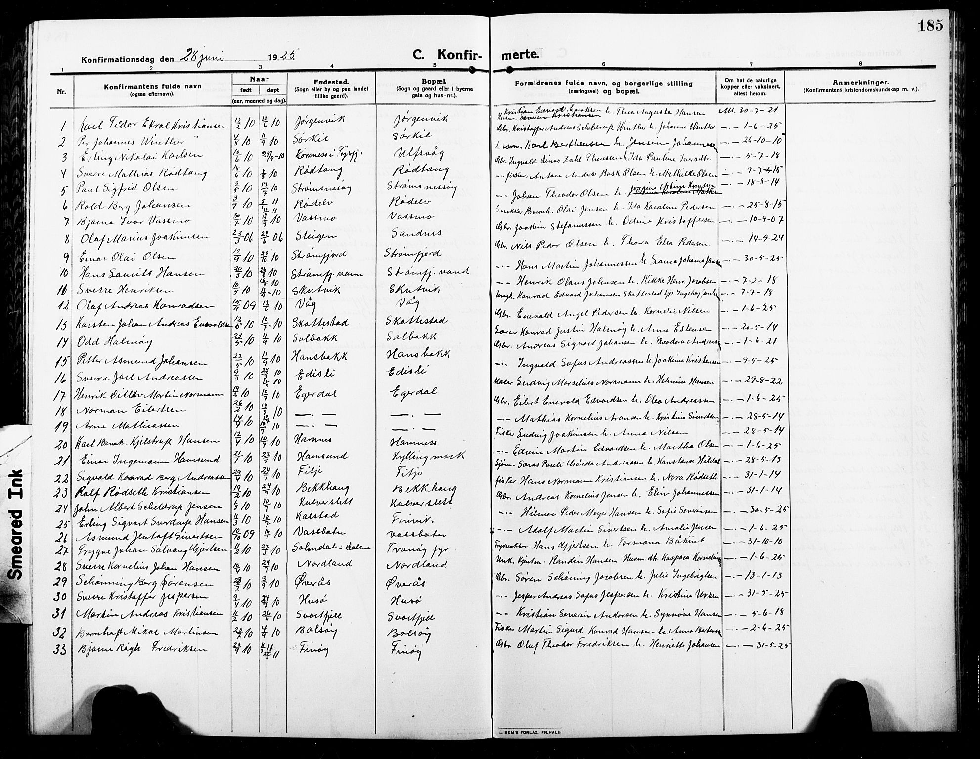 Ministerialprotokoller, klokkerbøker og fødselsregistre - Nordland, AV/SAT-A-1459/859/L0861: Klokkerbok nr. 859C07, 1910-1925, s. 185