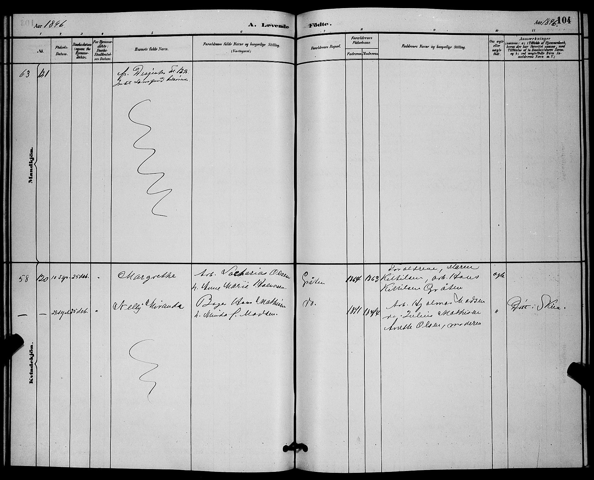 Solum kirkebøker, SAKO/A-306/G/Ga/L0007: Klokkerbok nr. I 7, 1884-1898, s. 104