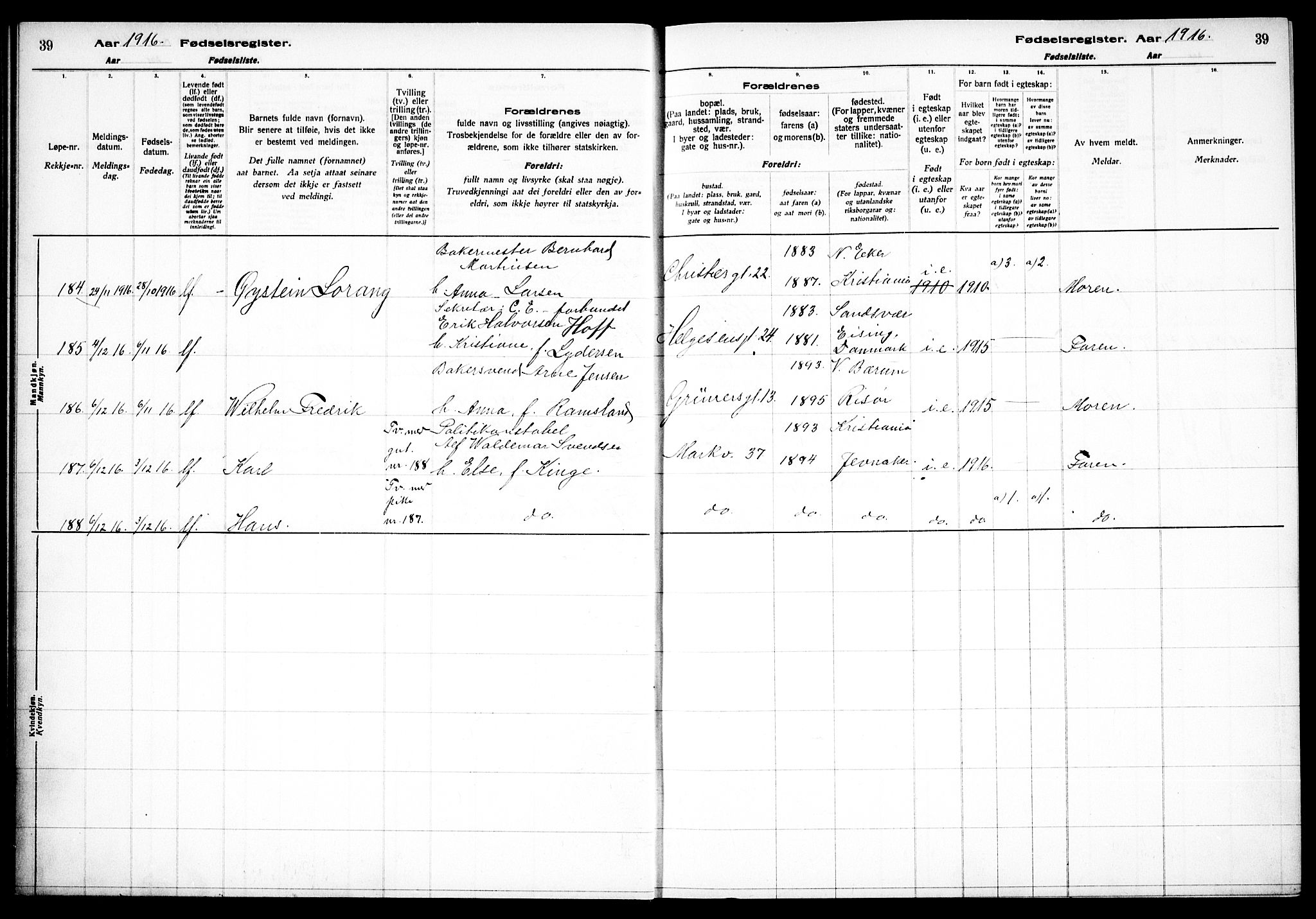 Paulus prestekontor Kirkebøker, SAO/A-10871/J/Ja/L0001: Fødselsregister nr. 1, 1916-1923, s. 39