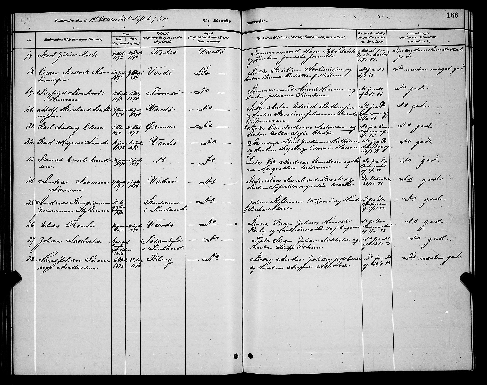 Vardø sokneprestkontor, AV/SATØ-S-1332/H/Hb/L0005klokker: Klokkerbok nr. 5, 1887-1892, s. 166