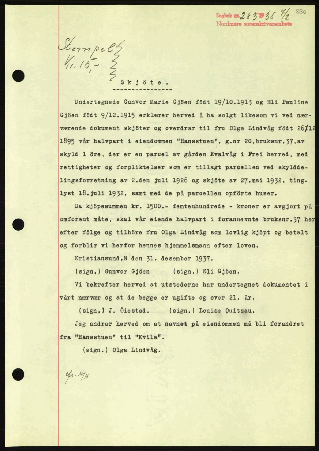 Nordmøre sorenskriveri, SAT/A-4132/1/2/2Ca: Pantebok nr. A83, 1938-1938, Dagboknr: 283/1938