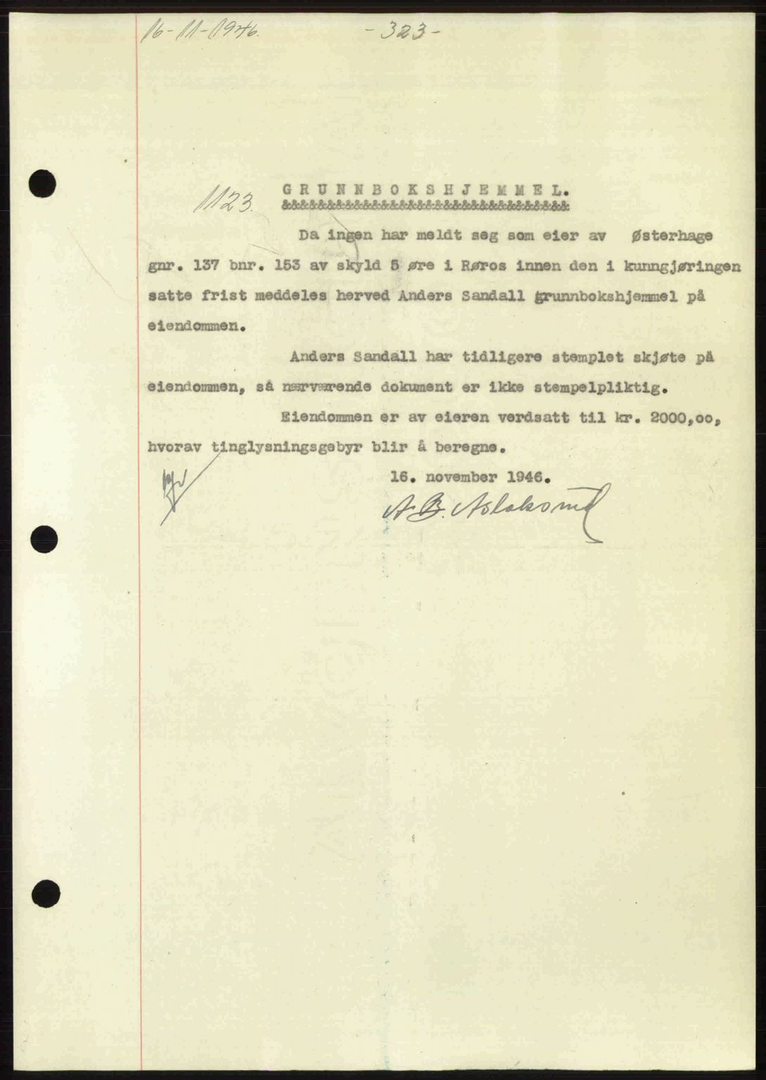 Gauldal sorenskriveri, SAT/A-0014/1/2/2C: Pantebok nr. A2, 1946-1946, Dagboknr: 1123/1946