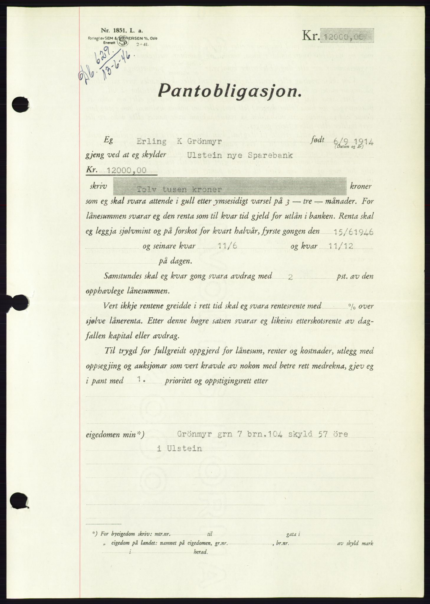 Søre Sunnmøre sorenskriveri, AV/SAT-A-4122/1/2/2C/L0114: Pantebok nr. 1-2B, 1943-1947, Dagboknr: 629/1946