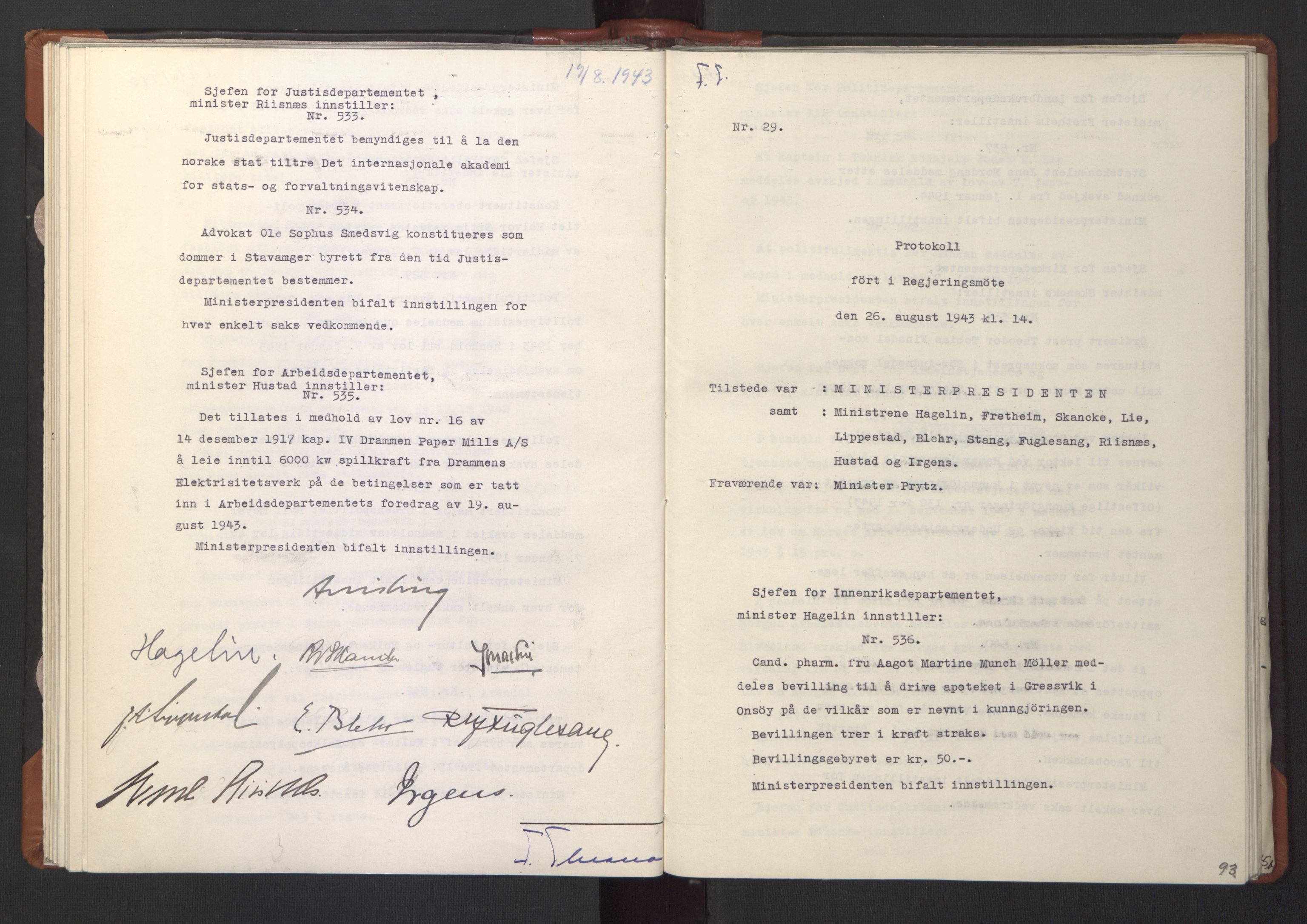 NS-administrasjonen 1940-1945 (Statsrådsekretariatet, de kommisariske statsråder mm), AV/RA-S-4279/D/Da/L0003: Vedtak (Beslutninger) nr. 1-746 og tillegg nr. 1-47 (RA. j.nr. 1394/1944, tilgangsnr. 8/1944, 1943, s. 95