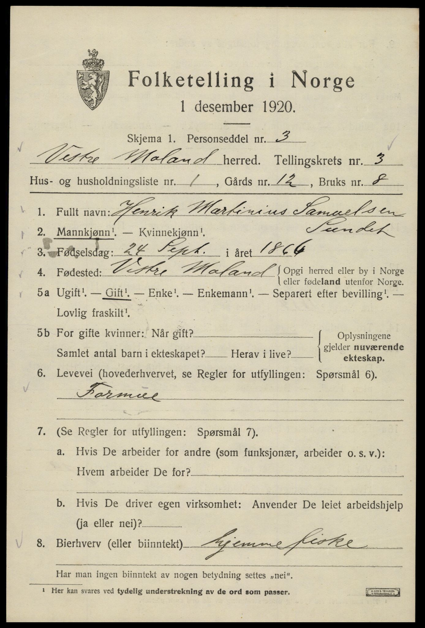 SAK, Folketelling 1920 for 0926 Vestre Moland herred, 1920, s. 3341