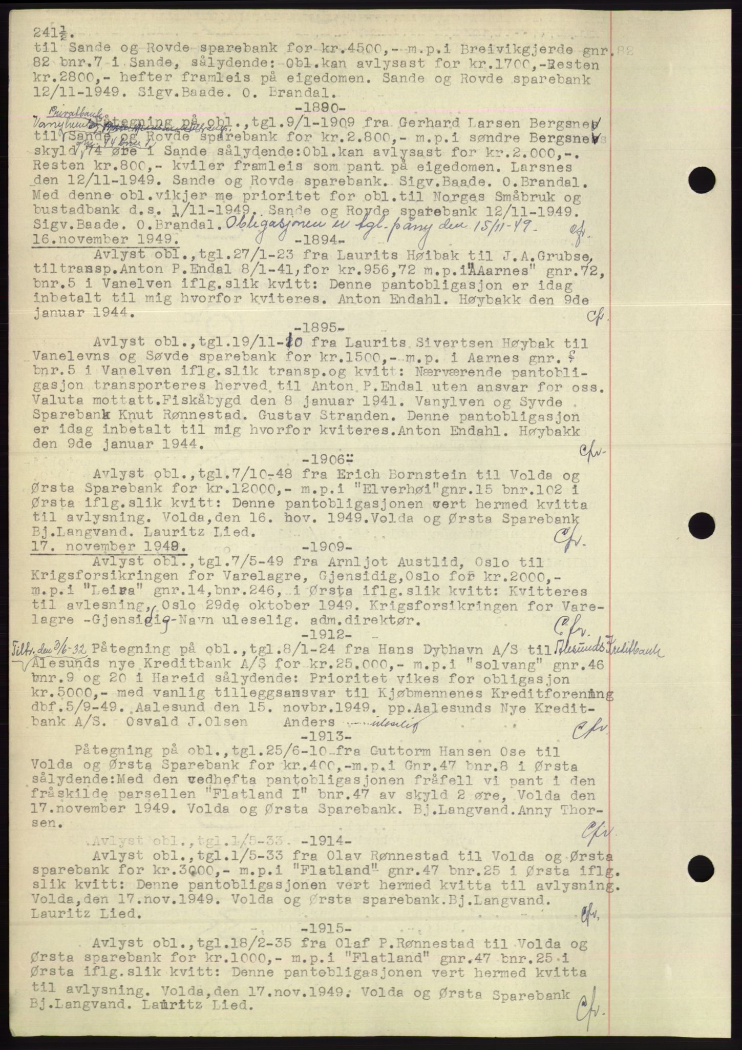 Søre Sunnmøre sorenskriveri, AV/SAT-A-4122/1/2/2C/L0072: Pantebok nr. 66, 1941-1955, Dagboknr: 1890/1949