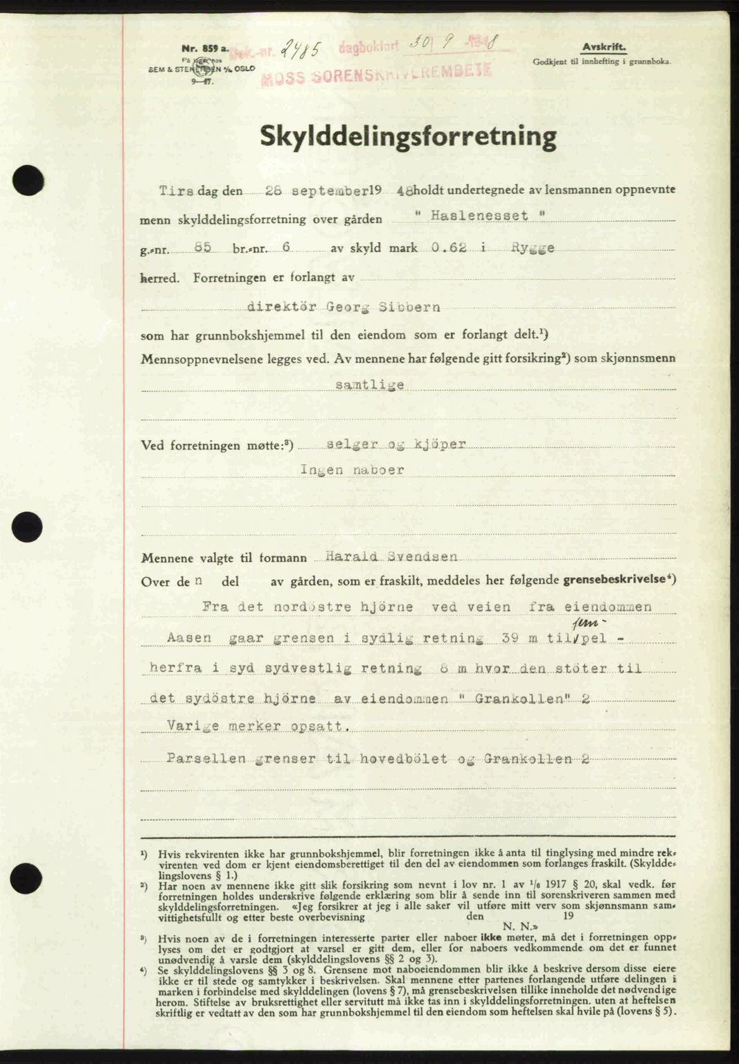 Moss sorenskriveri, SAO/A-10168: Pantebok nr. A20, 1948-1948, Dagboknr: 2485/1948