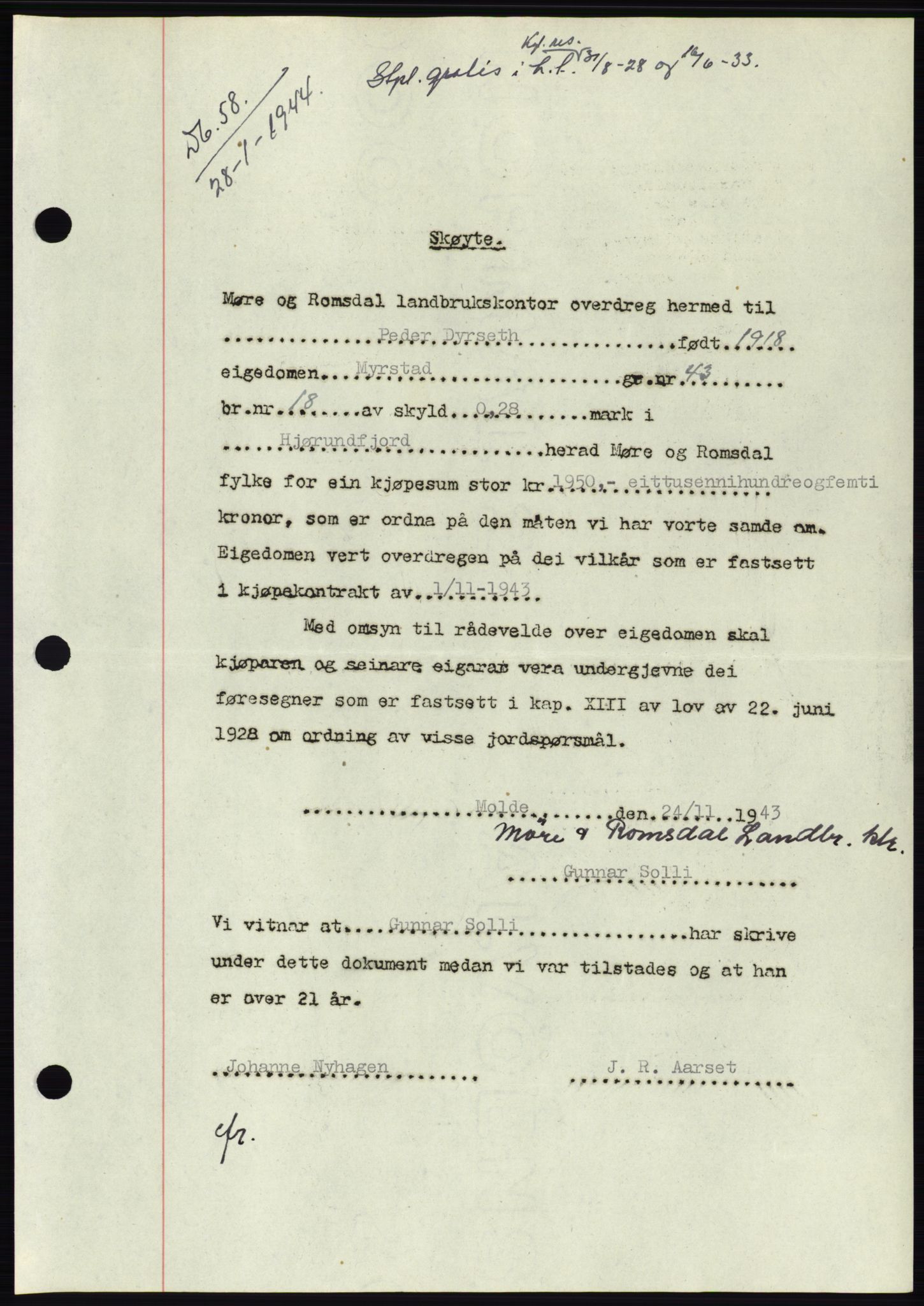 Søre Sunnmøre sorenskriveri, AV/SAT-A-4122/1/2/2C/L0076: Pantebok nr. 2A, 1943-1944, Dagboknr: 58/1944